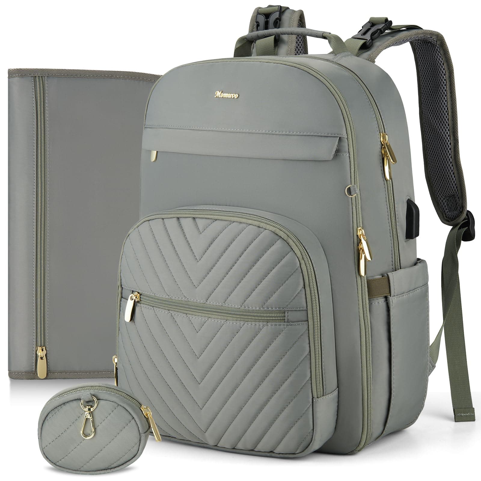 MOMUVO Diaper Bag Backpack, Quilted Baby Bag with Changing Pad & Stroller Straps & Pacifier Case, Multifunction Waterproof Travel Diaper Bags, Unisex, Olive Green