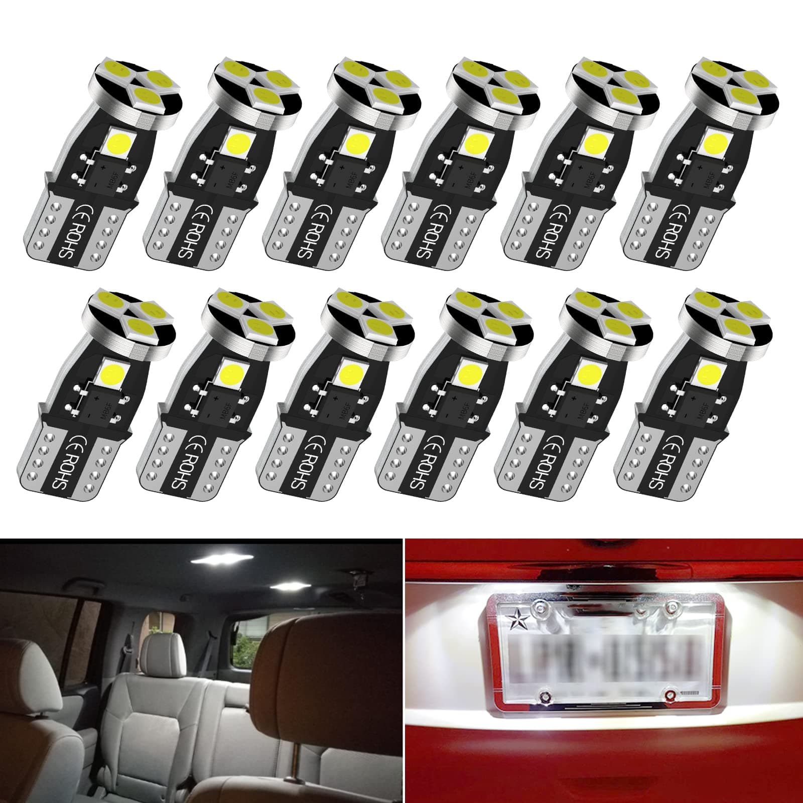 T10 194 LED Car Bulbs,192 LED Car Bulbs,168 LED Lights Bulb, 5smd 6000K White Led for Car Interior Dome Map Door Courtesy License Plate Lights W5W 2825 Led Lights bulbs, 12pcs