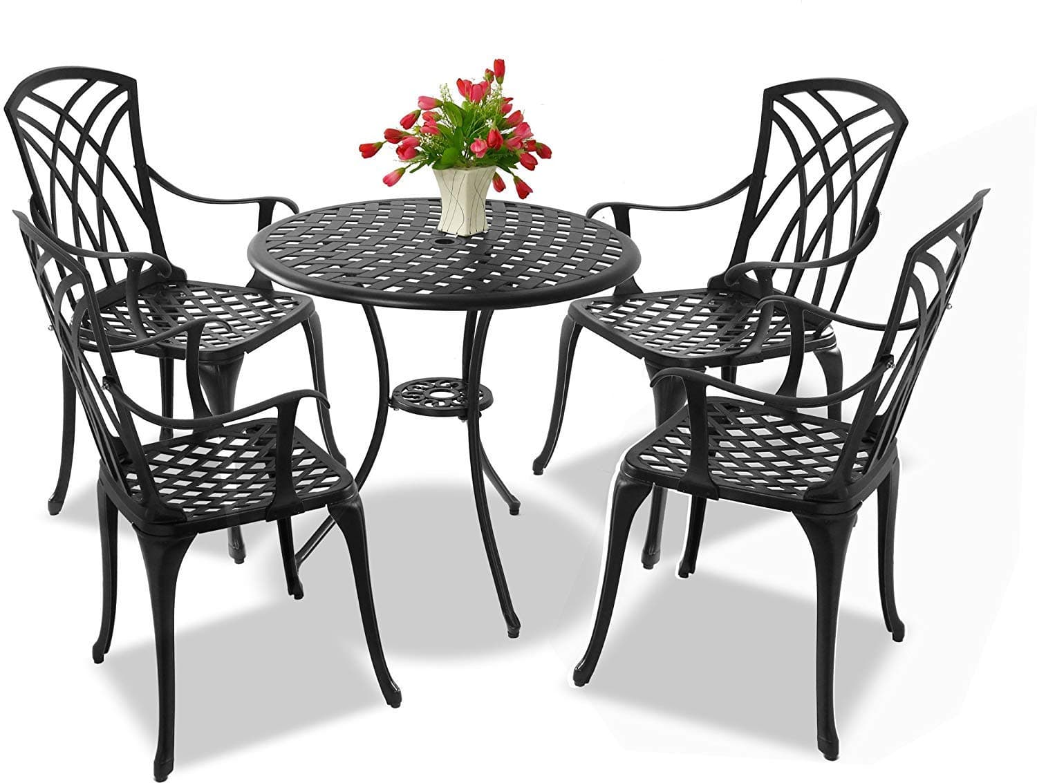 OSHOWA Garden & Patio Table & 4 Large Chairs with Armrests Cast Aluminium Bistro Set - Black