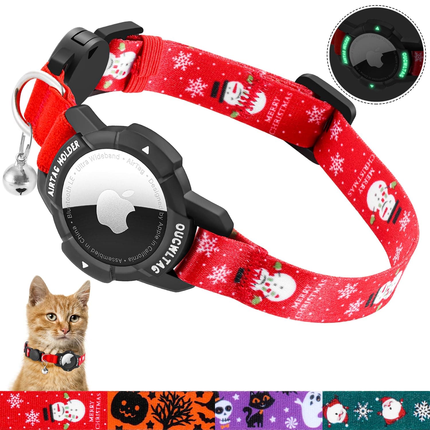 AirTag Cat Collar Breakaway, OUCWLTAG Integrated GPS Cat Collar with Luminous Apple Air Tag Holder, Cat Tracker Collars with Safety Elastic Band for Cats, Kittens and Puppies (Red, 9-13 Inch)