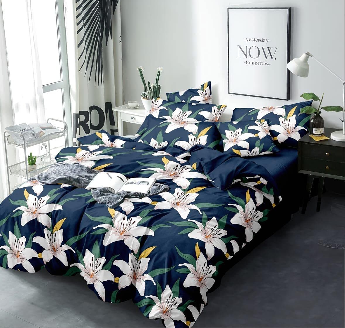 Divine Homes Fitted/Elasticated 200 TC Microfiber Printed Double Bedsheet 2 Pillow Covers; 90x90 inches; Blue