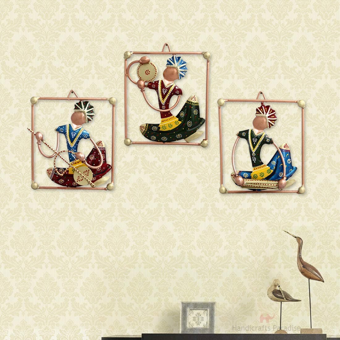 Handicrafts Paradise Wrought Iron Wall Art Tribal Musical Rajasthani Showpiece Multicolour 7 X 8 Inch Set Of 3 pc