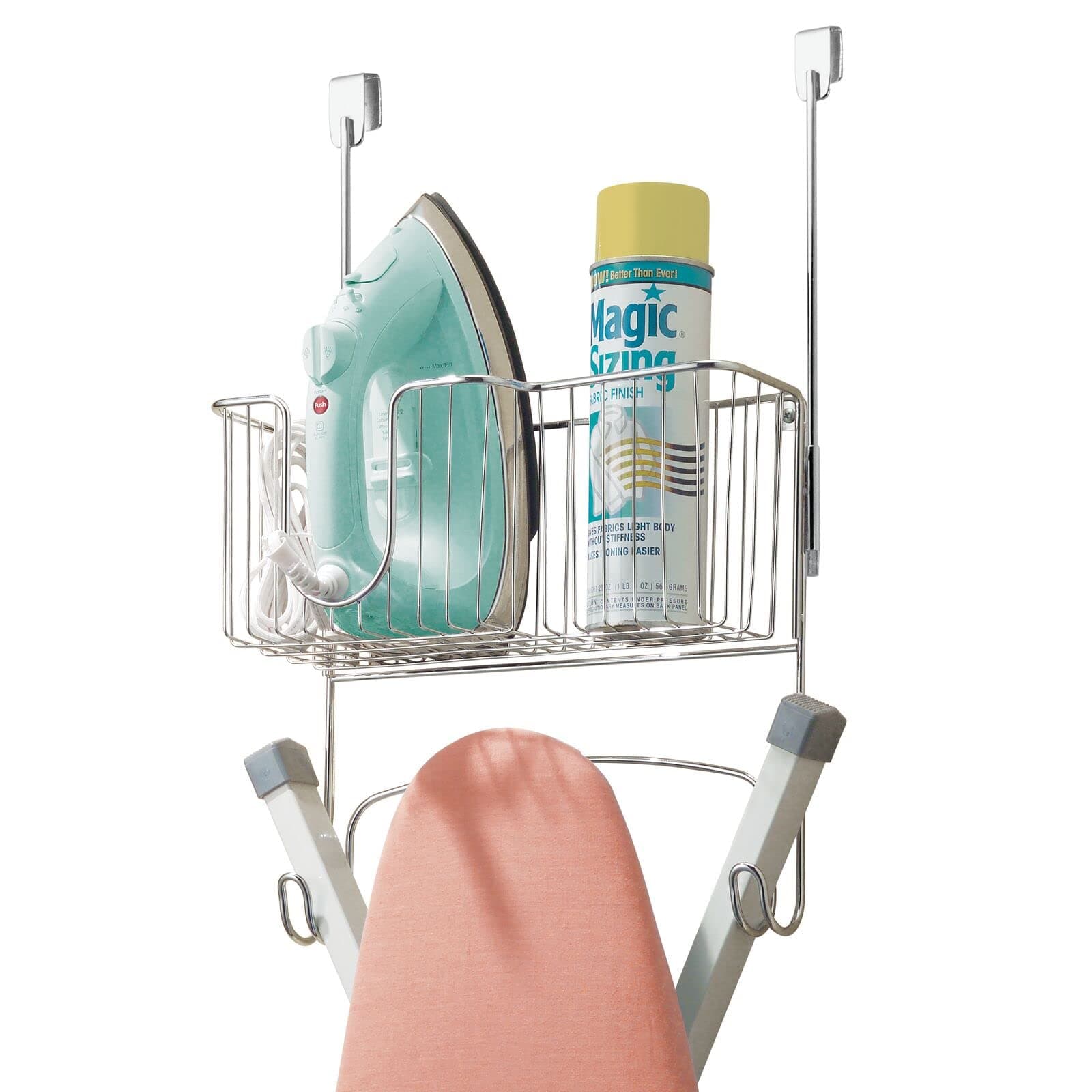 mDesign Ironing Board Holder with Large Storage Basket - Holds Iron, Board, Spray Bottles, Starch, Fabric Refresher Iron for Laundry Rooms – Durable Steel, Chrome