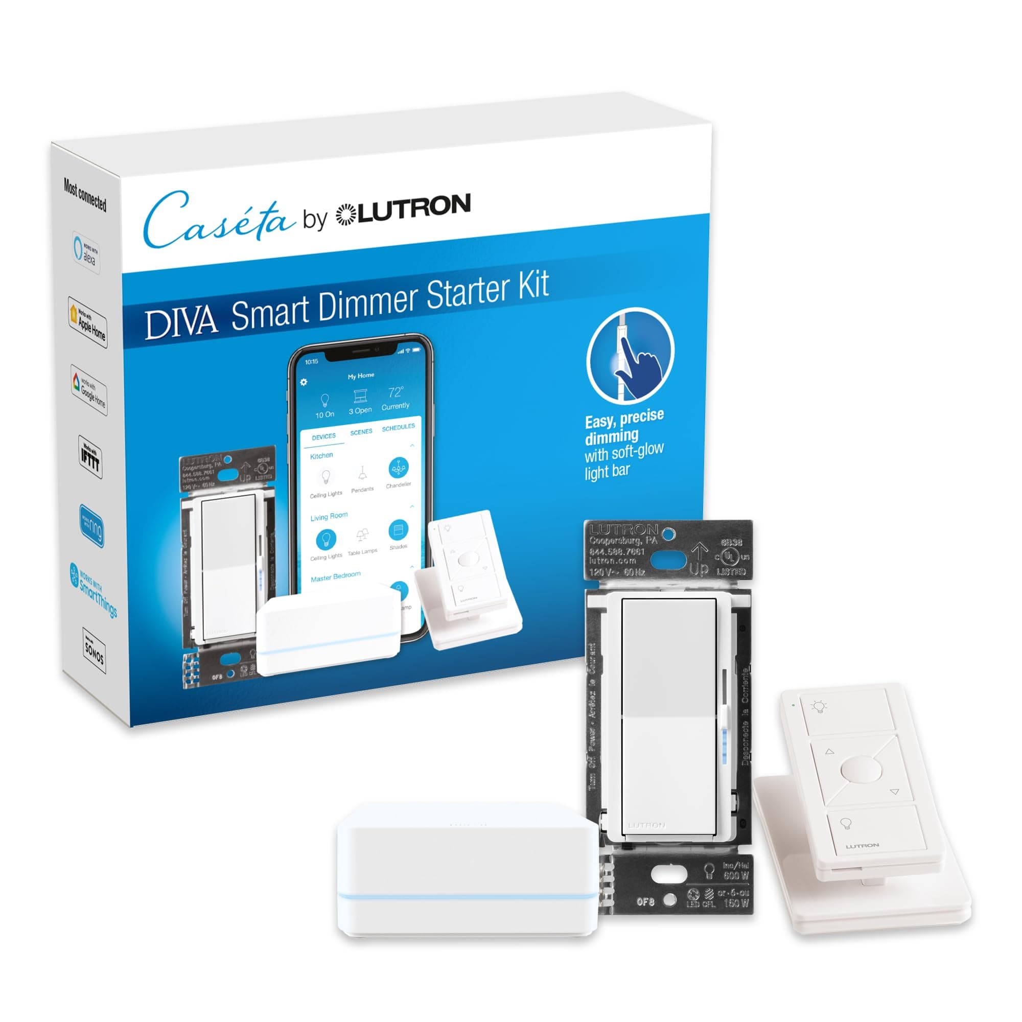 Diva Smart Dimmer Switch Starter Kit for Cas ta Smart Lighting, with Smart Hub, Pico Remote, and Pedestal | No Neutral Wire Required | DVRF-BDG-1DP-A