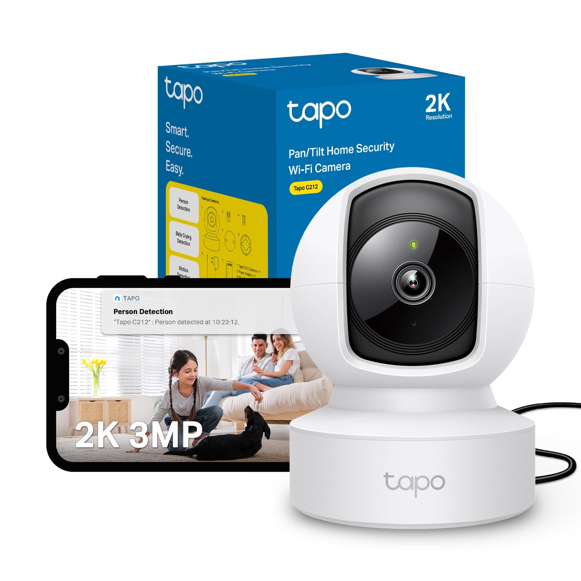 Tapo C212 Pan/Tilt Indoor Camera, 2K 3MP Security Camera, No Monthly Fee, Smart Motion Person Detection, Ethernet or Wi-Fi Connection, Advanced Night Vision,Two-way Talk, Works With Alexa & Google