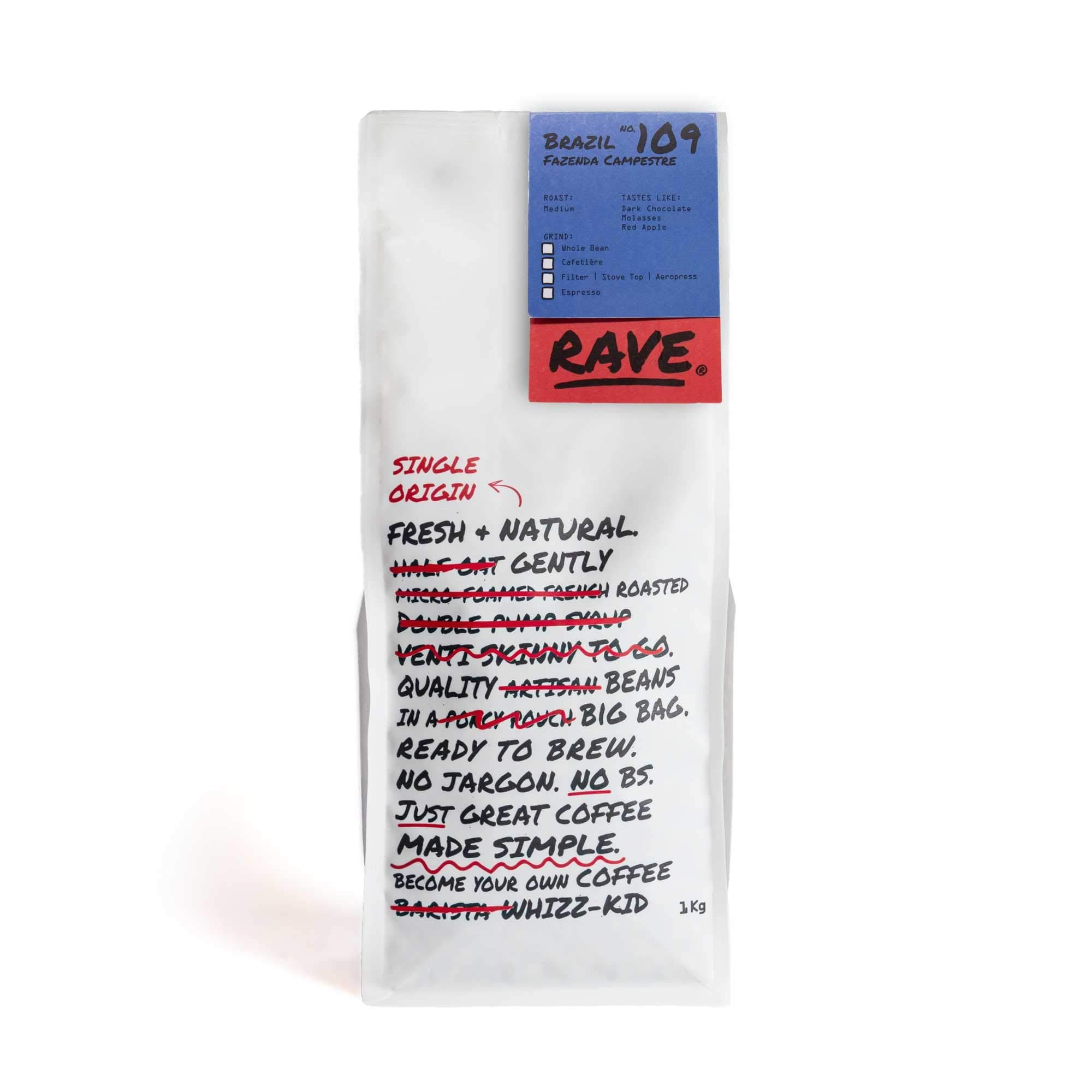 Rave CoffeeBrazil Fazenda Campestre Nº 109 Single Origin, Freshly Roasted Whole Beans 1Kg