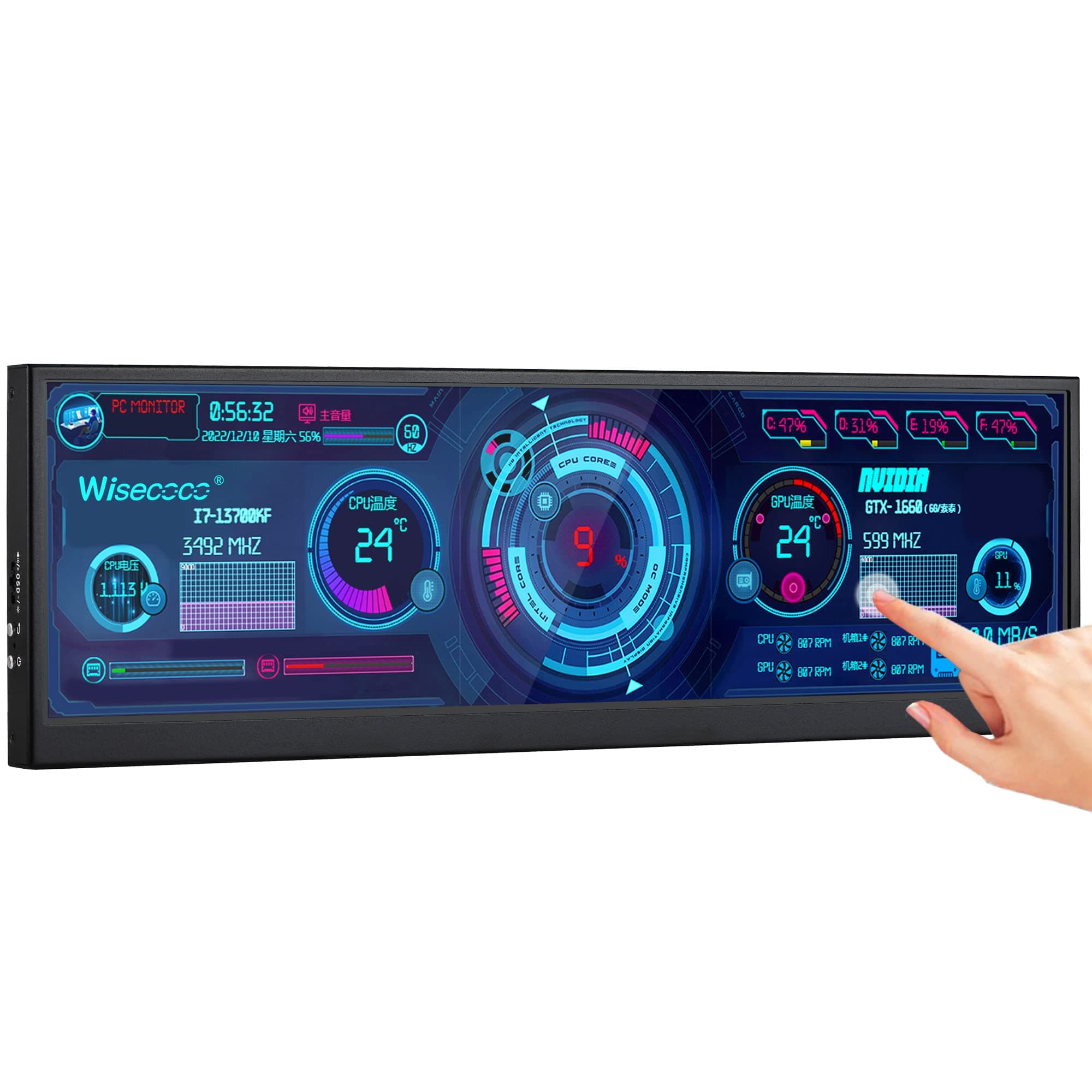 12.6 Inch Mini Touch Screen Monitor Secondary Screen FHD IPS Stretched Bar LCD Display 1920X515 HDMI for PC Laptop Computer Health Speed Windows Sub CPU GPU Temperature Display R126F01T-HB