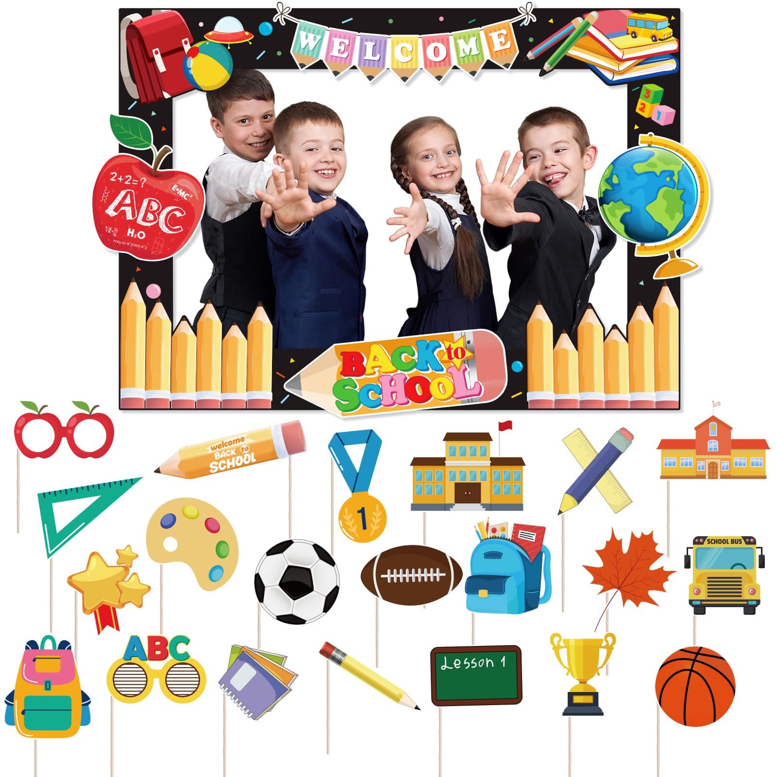 Yousoontic 25 Pcs Back to School Party Photo Booth Props Back to School Photo Booth Frame Welcome Photo Booth Props Pencil Theme Abc Photo Booth Frame Apple Blackboard Photo Prop Classroom Decorations