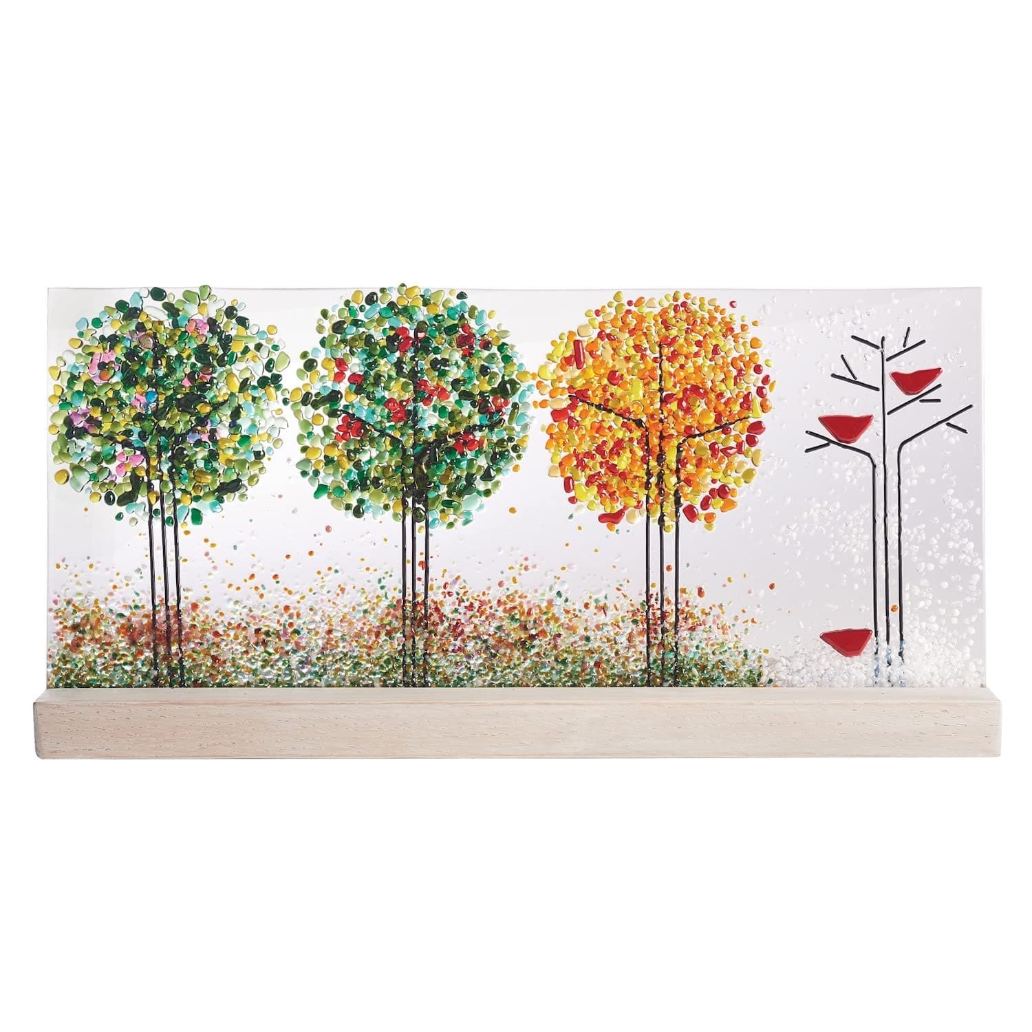 WARM GLASS WONDER Art Glass Panel Four Seasons Trees Design in Wood Stand by Artist B Skinner, 16" x 7 3/4"