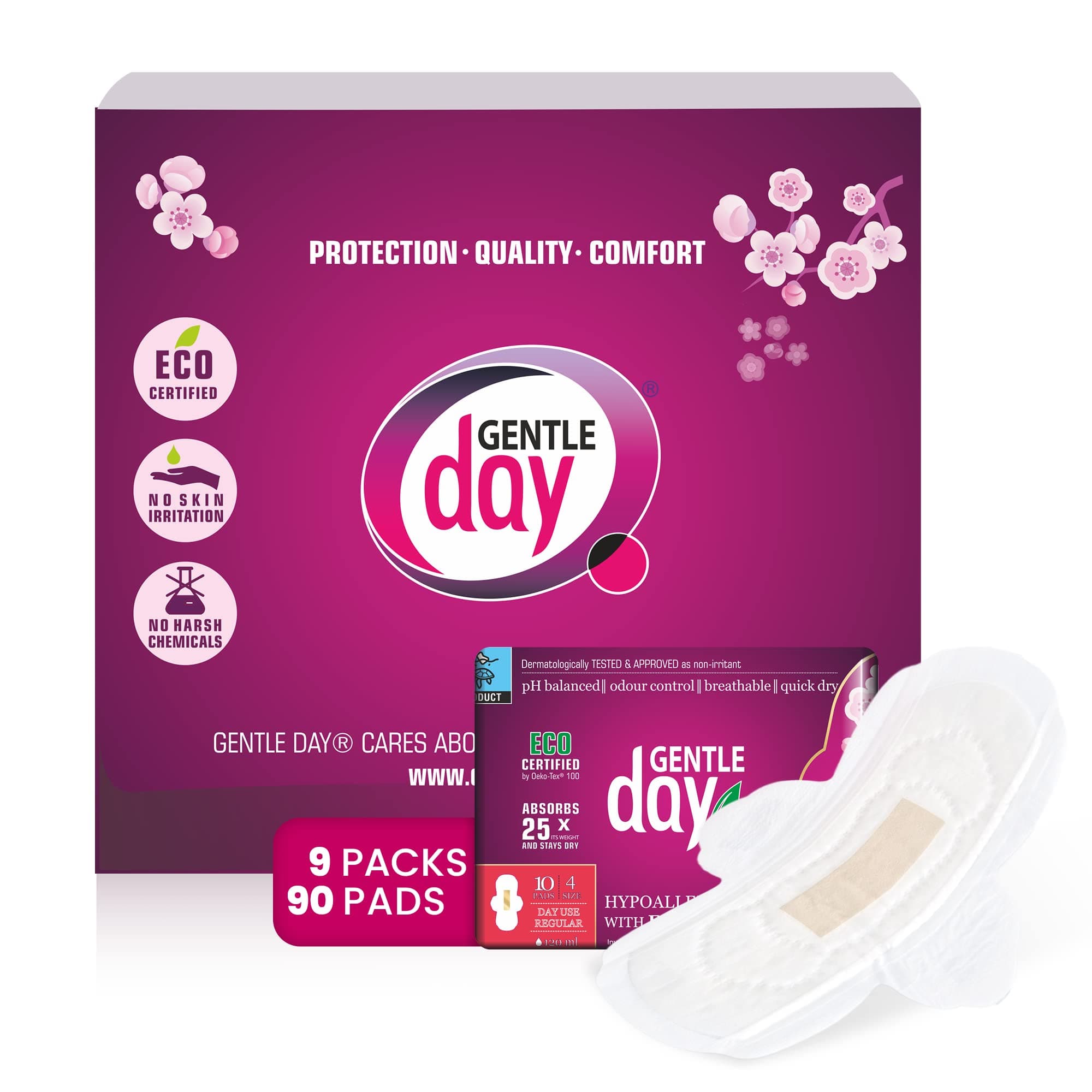 Patented Gentle Day® Far-IR Anion ECO Certified Day use Towels, Pads 9 Packs (90 Pads) Length 240mm