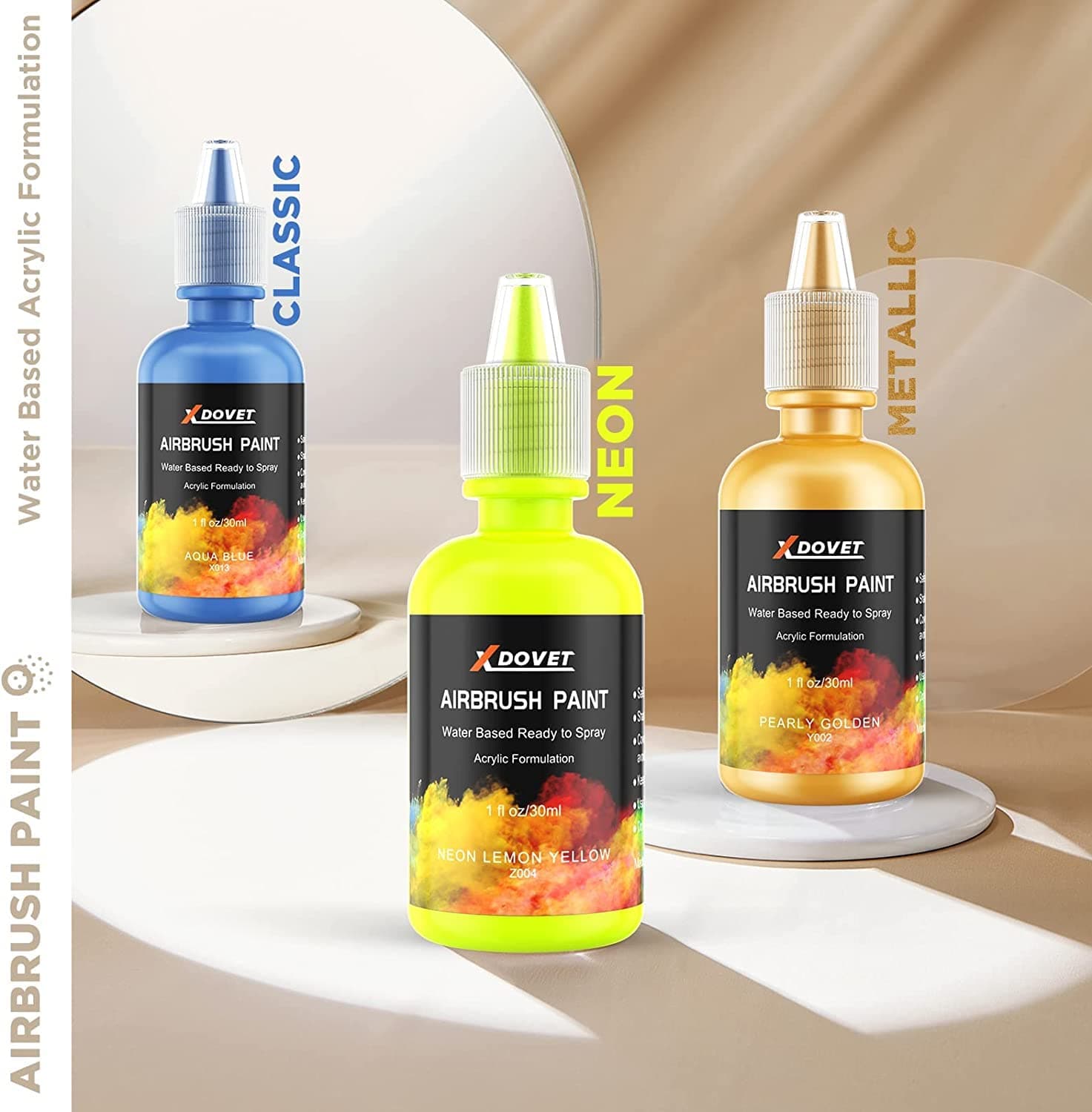 XDOVET Airbrush Paint, 28 Colors Air brush Painting Set (1 oz), Ready to Spray, Opaque & Neon Colors, Water-Based, Premium Acrylic Paint Kit for Models, Nails,Hobbyist and Artists