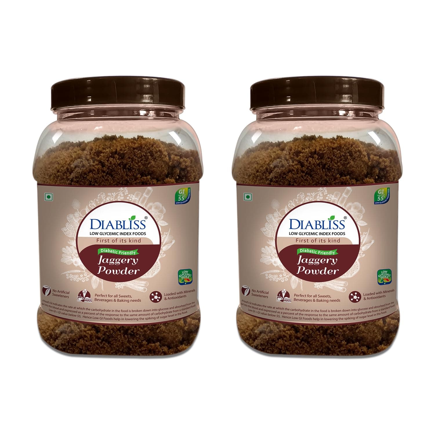 Diabliss Herbal Jaggery Powder – Low GI, Natural & Chemical-Free Sweetener | 17-Herb Fortified | Hygienically Processed & Trusted Worldwide | 750g Reusable Jar - Pack of 2
