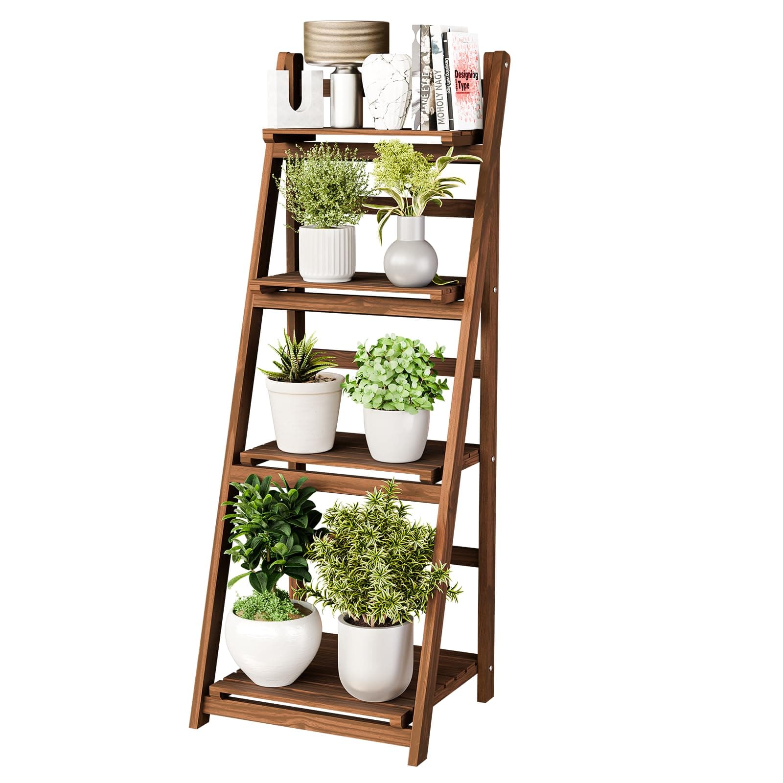 IDZO 4 Tier Wooden Ladder Shelf 44 in Bookcase Ladder Shelf Storage Shelves Rack Shelf Unit for Office and Home 44 x 16.5 inches, Wood Brown