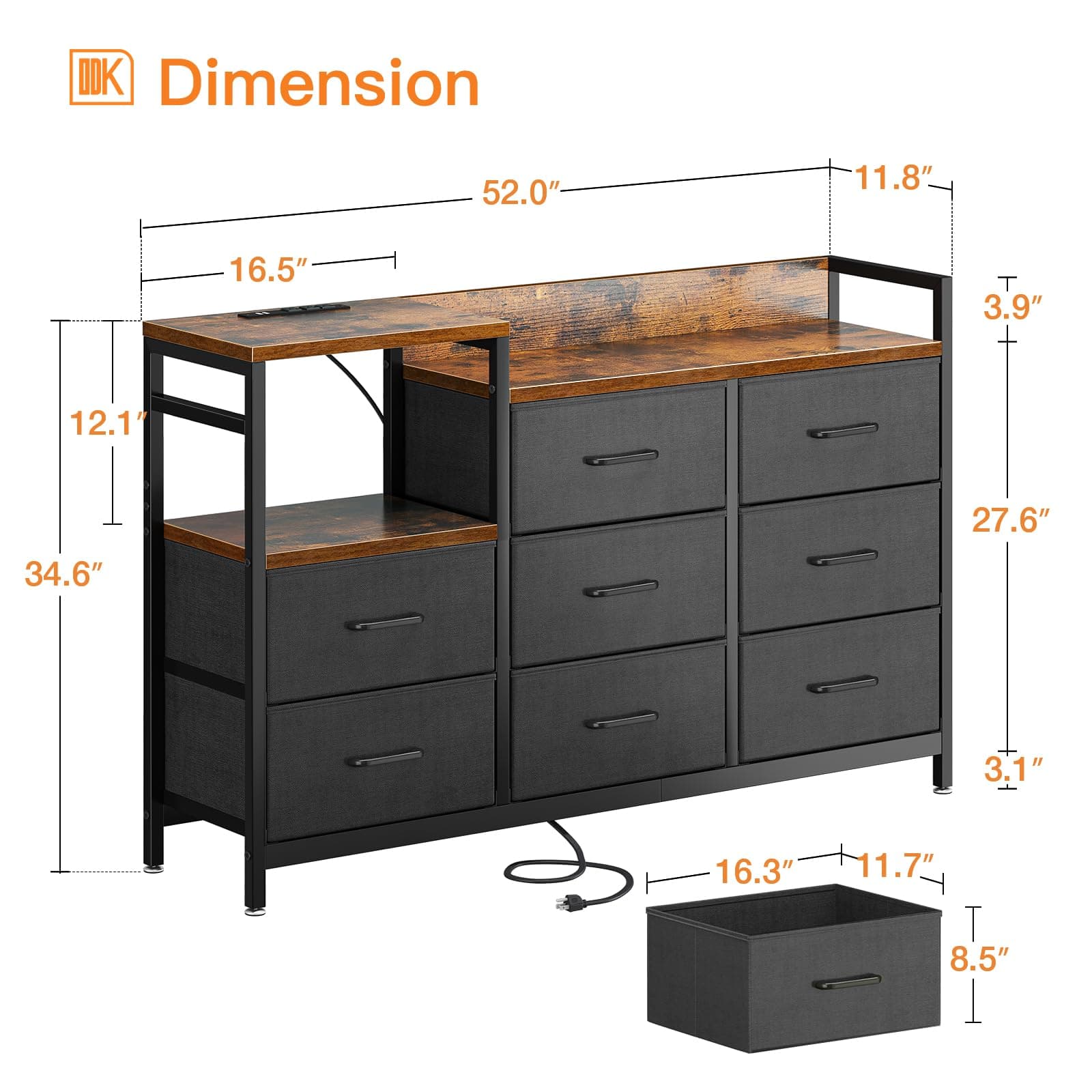 ODK Dresser with Charging Station, 52-Inch Long Dresser for Bedroom with 8 Storage Drawers, Fabric Dressers Chests of Drawers with Sturdy Steel Frame and Wooden Top, Vintage and Black