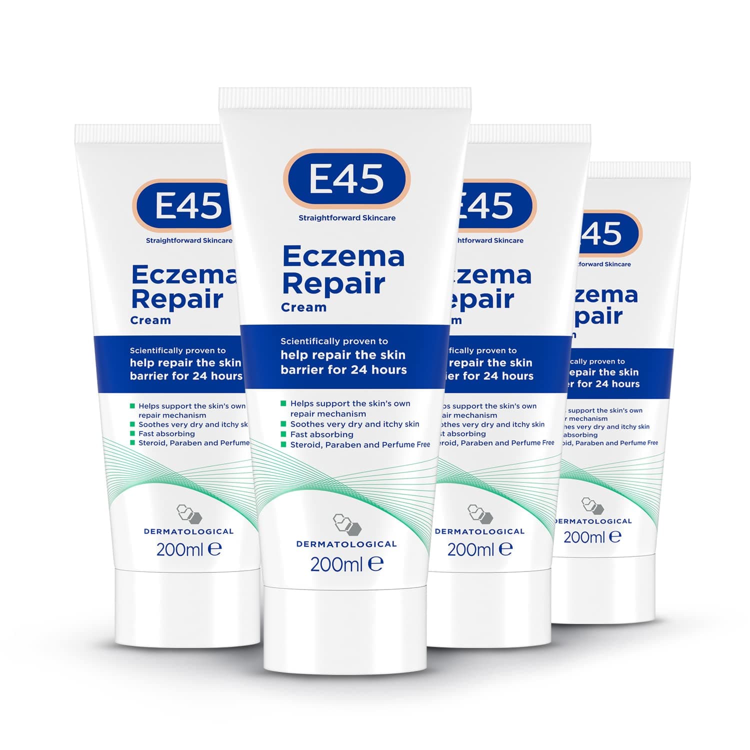 E45 Eczema Repair Cream 200 ml x4 Pack – E45 Cream to Treat Symptoms of Eczema – Soothe and Hydrate Very Dry and Itchy Skin – Emollient Cream with Omega 3 Fatty Acids - Dermatologically Tested