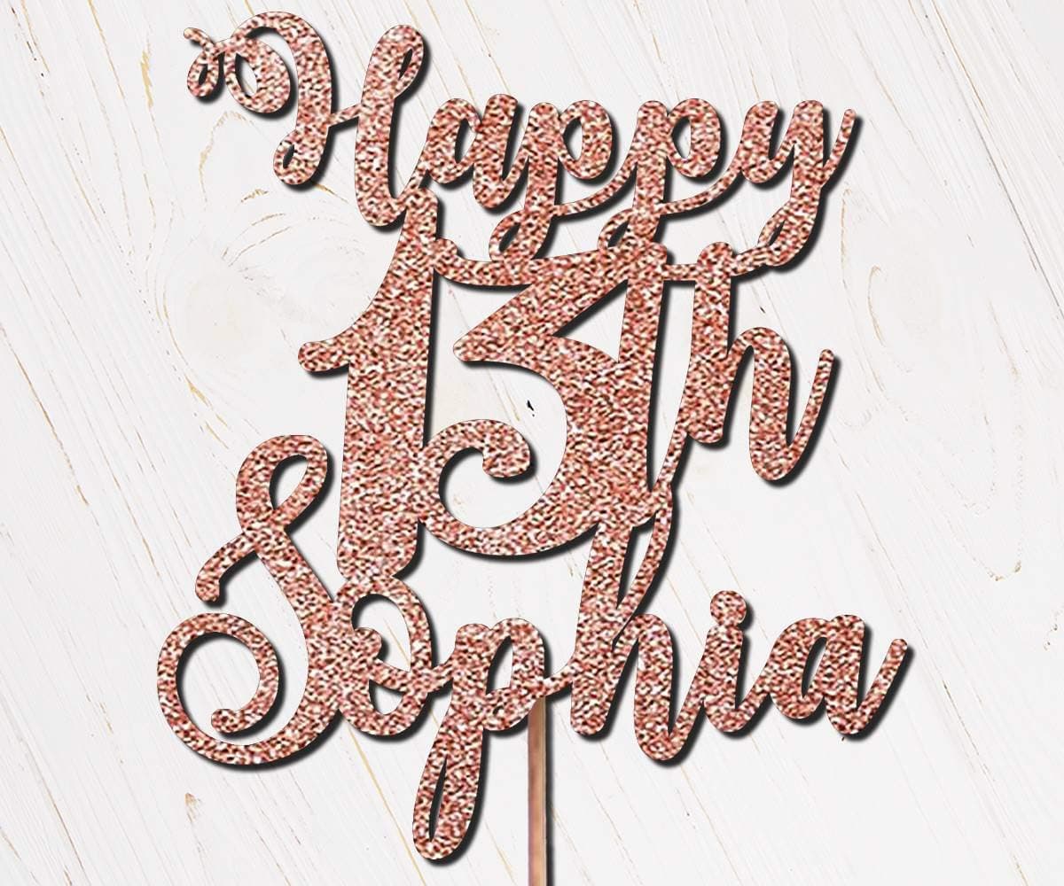 DindindiesDesigns Personalised Cake Toppers Birthday Happy 13th Glitter Rose Gold (Any Age or Name)