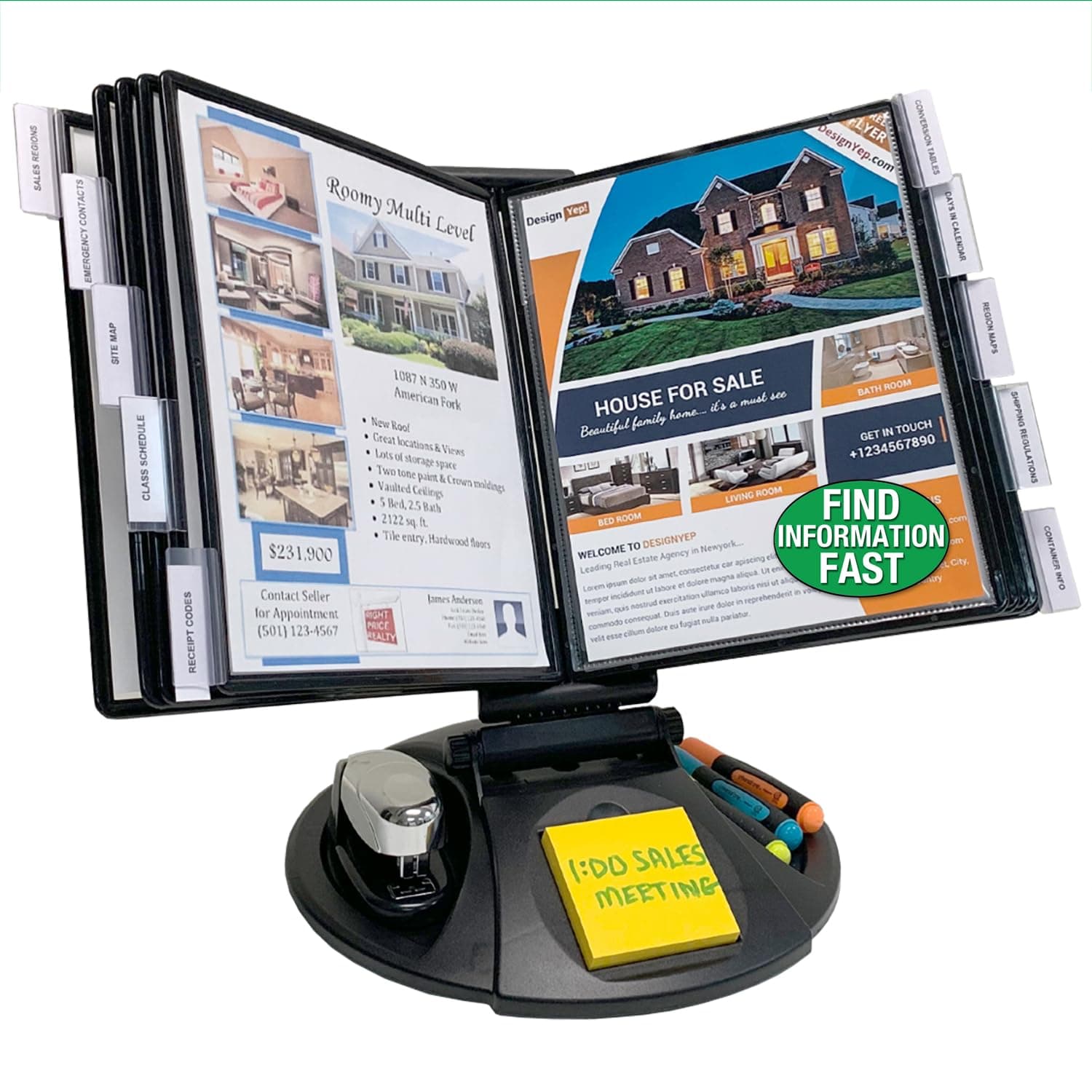 Ultimate Office AdjustaView 10-Pocket Desk Reference Organizer with Supplies Storage Base and EZ-Load Pockets to Hold 20 Sheets of Paper, Includes Fast Find Indexing Tabs, Black Pockets