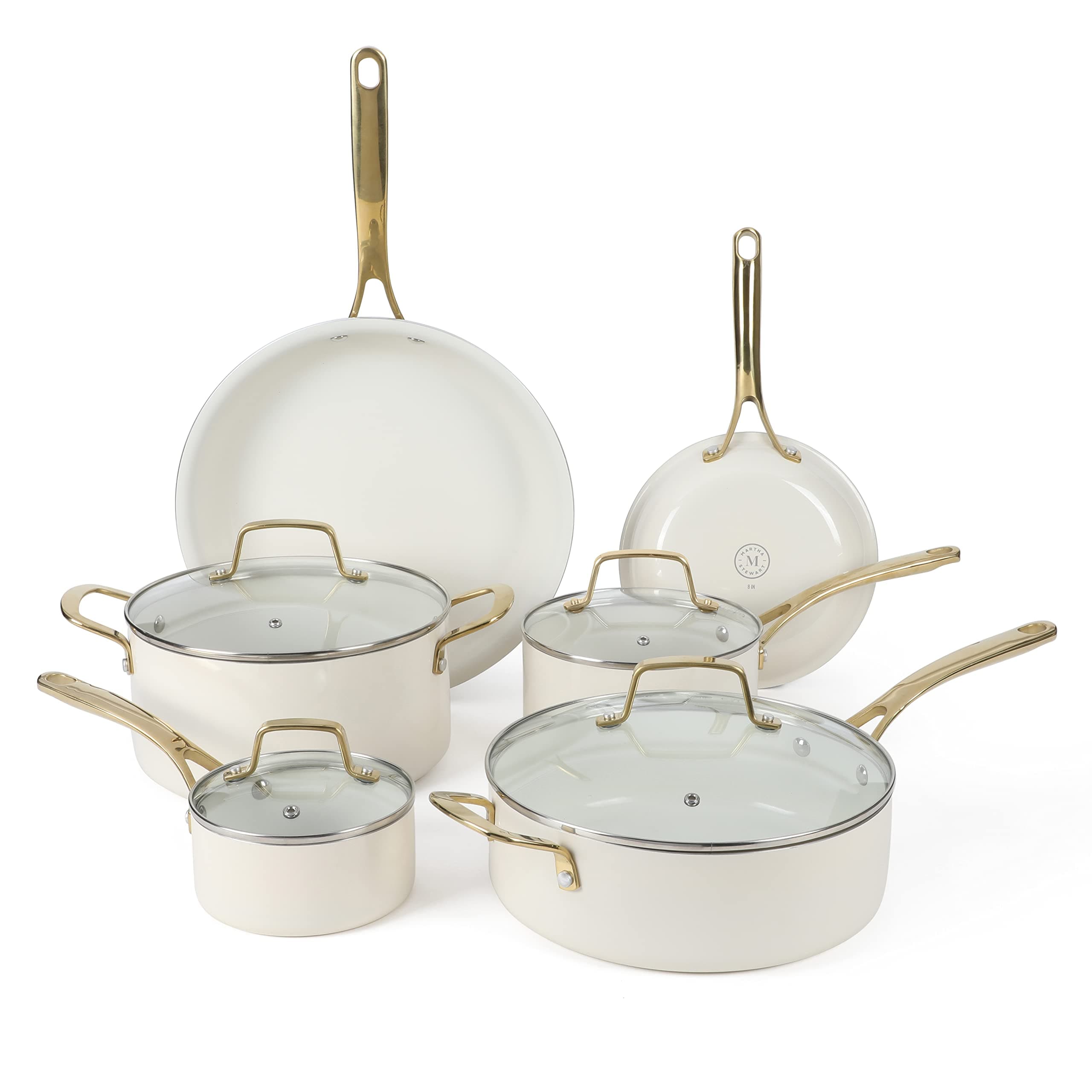 Lockton Premium Nonstick PFA Free Ceramic Interior 10 Piece Heavy Gauge Enamel Aluminum Pots and Pans Cookware Set - Linen White w/Gold Handle