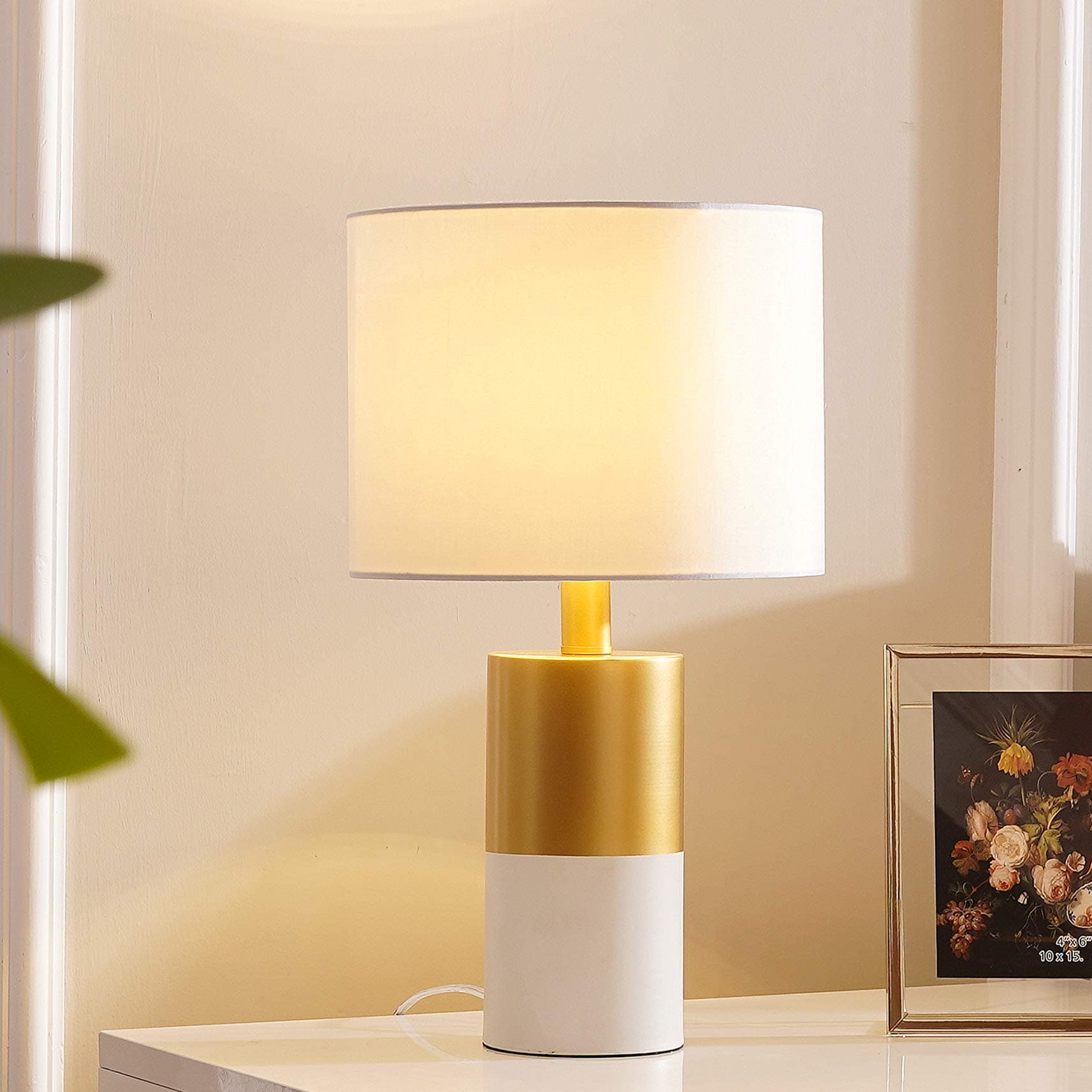 Contemporary Accent Satin Gold and White Living Room Bedroom Beside Nightstand Table Lamp, Desk Lamps with White Fabric Shade and White Golden Base