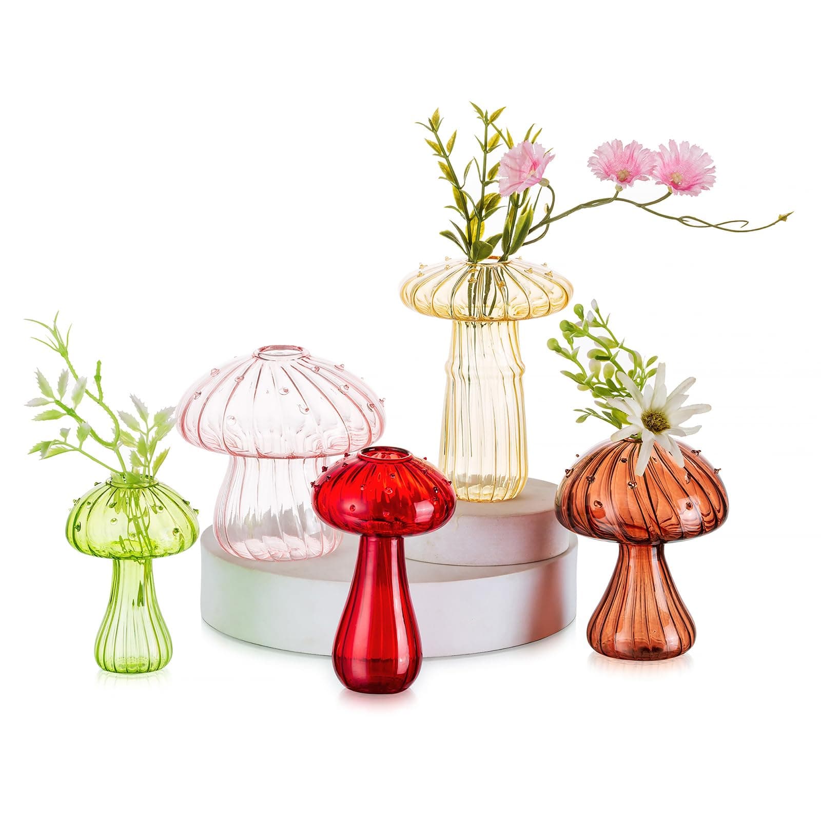Hewory Mushroom Bud Vases for Flowers: 5 Mushroom Shaped Flower Vase Small Vases for Table Decoration, Coloured Glass Vase for Room Decor Home Bedroom Living Room