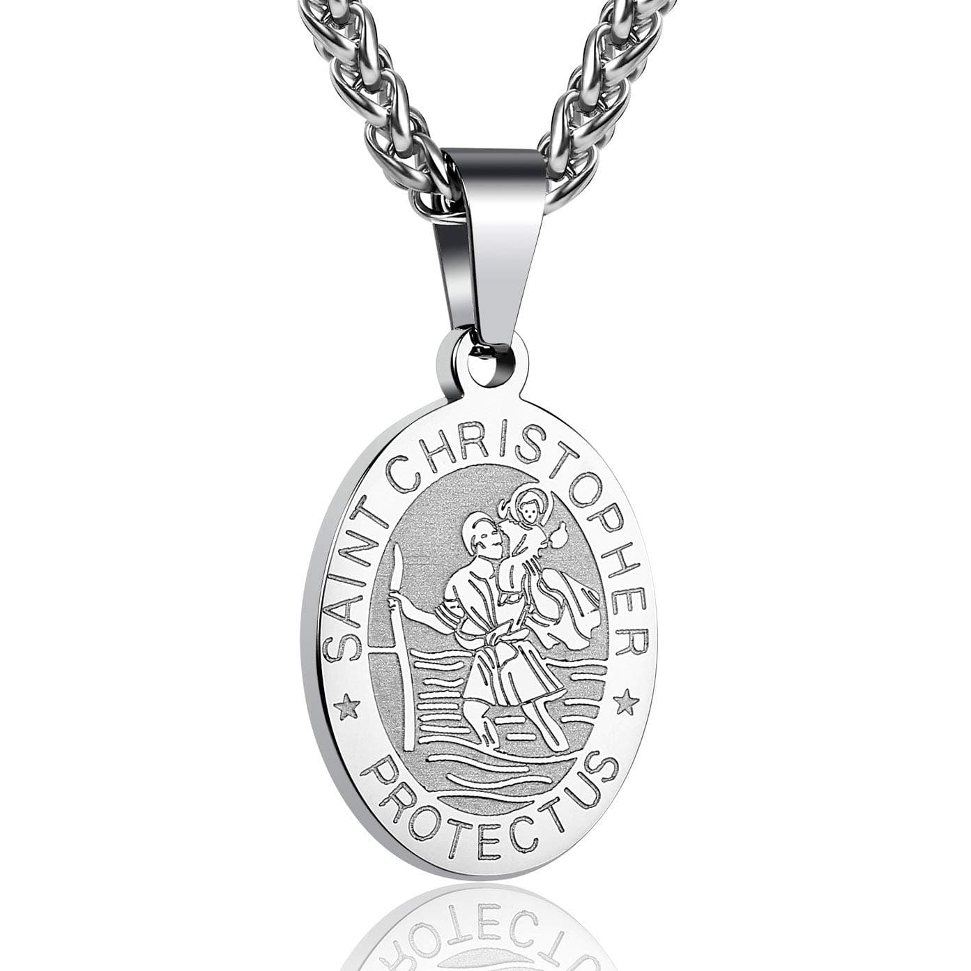 Stainless Steel Oval St. Saint Christopher Medal Charm Necklace for Men Boys with Wheat Chain 24 Inches
