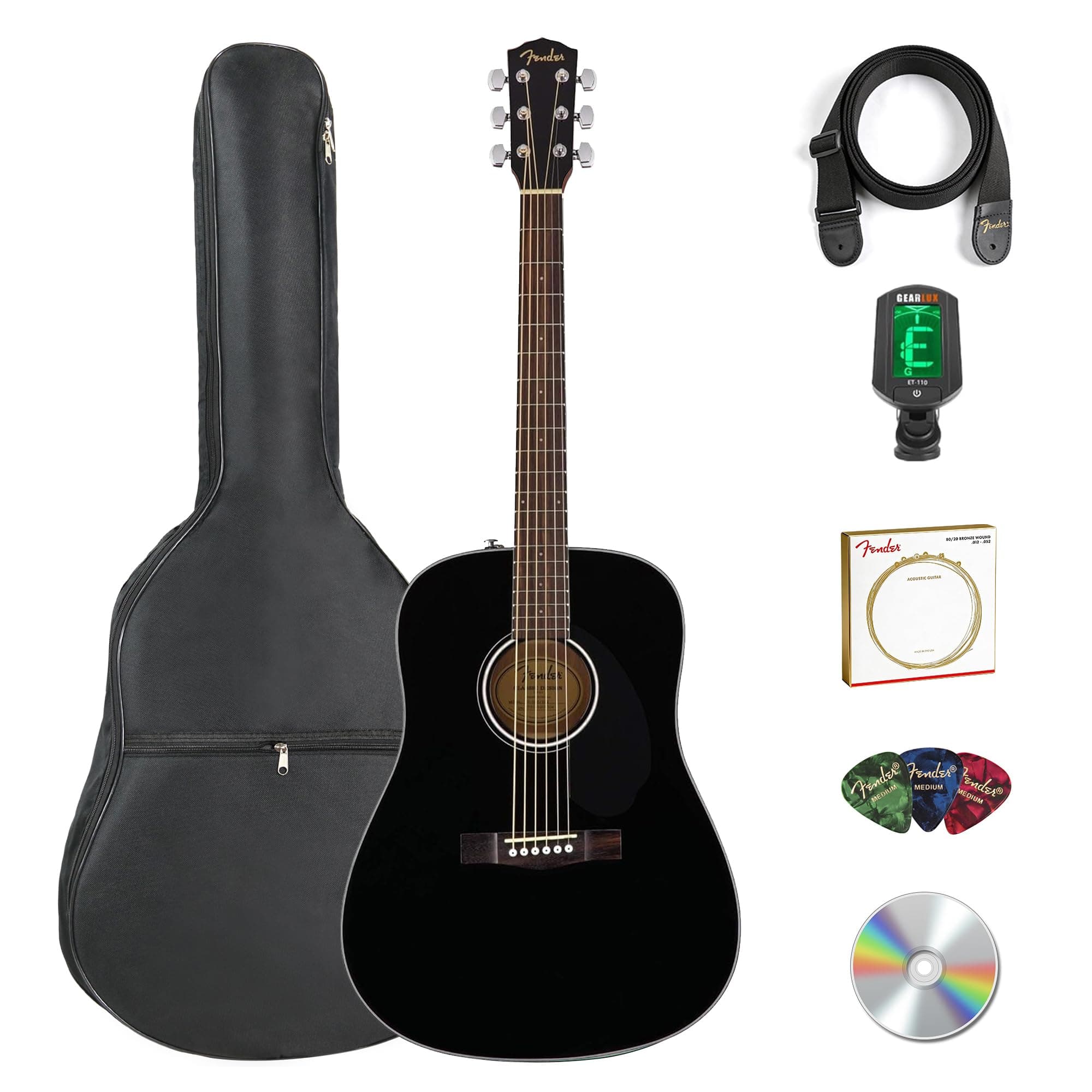 CD-60S Solid Top Dreadnought Acoustic Guitar - Black Bundle with Gig Bag, Tuner, Strap, Strings, Picks, and Austin Bazaar Instructional DVD