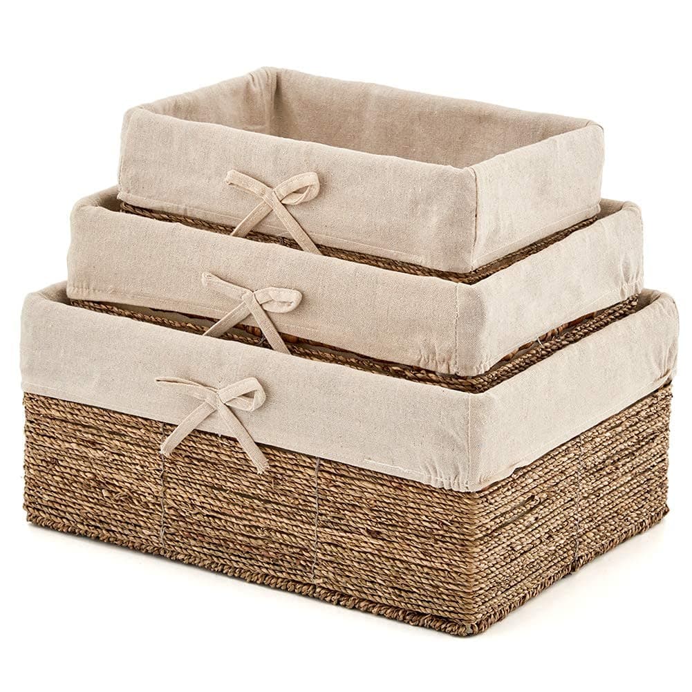 EZOWare Set of 3 Natural Woven Seagrass Nesting Wicker Shelf Storage Baskets Container Bins with Removable Liners