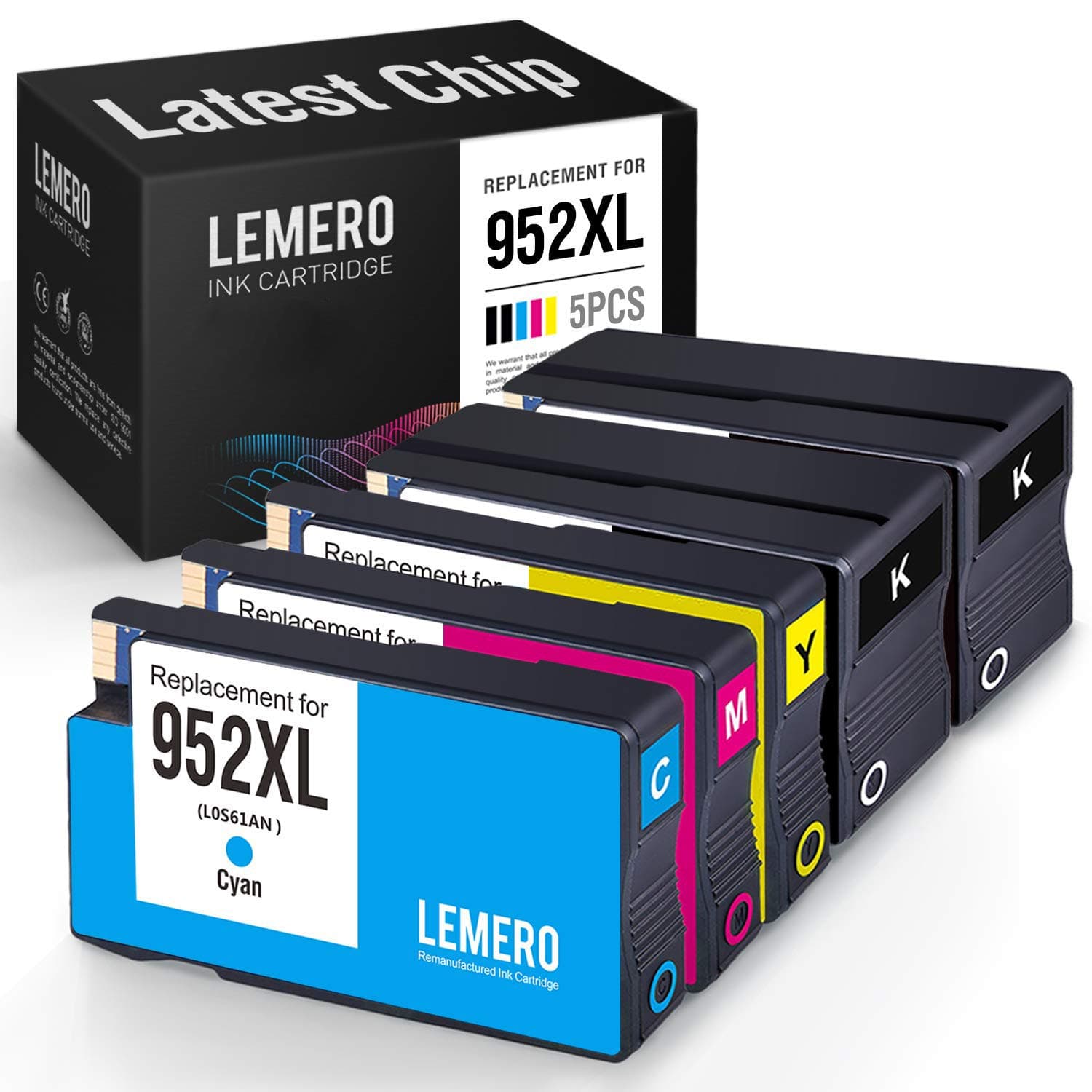 LEMERO Remanufactured Ink Cartridge Replacement for HP 952 952XL (Black, Cyan, Yellow, Magenta, 5-Pack)