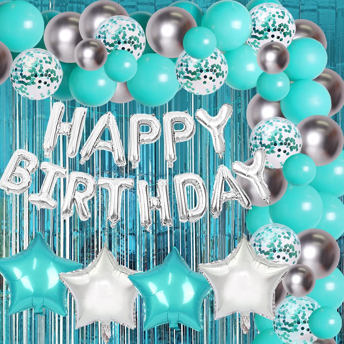 Teal Blue Silver Birthday Party Decorations Balloons Garland Kit Teal Mint Green Star Balloons Turquoise Blue Happy Birthday Banners Curtain for Her Women Girls