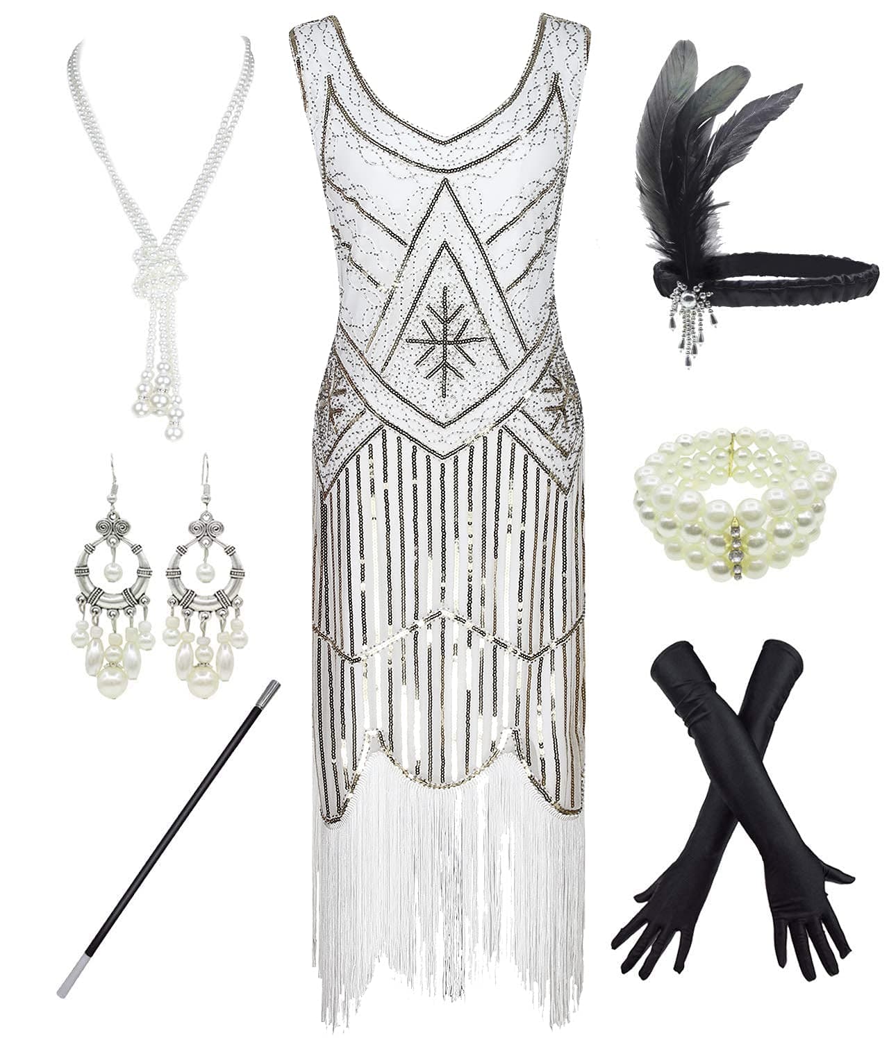 1920s Gatsby Sequin Fringed Paisley Flapper Dress with 20s Accessories Set (2.