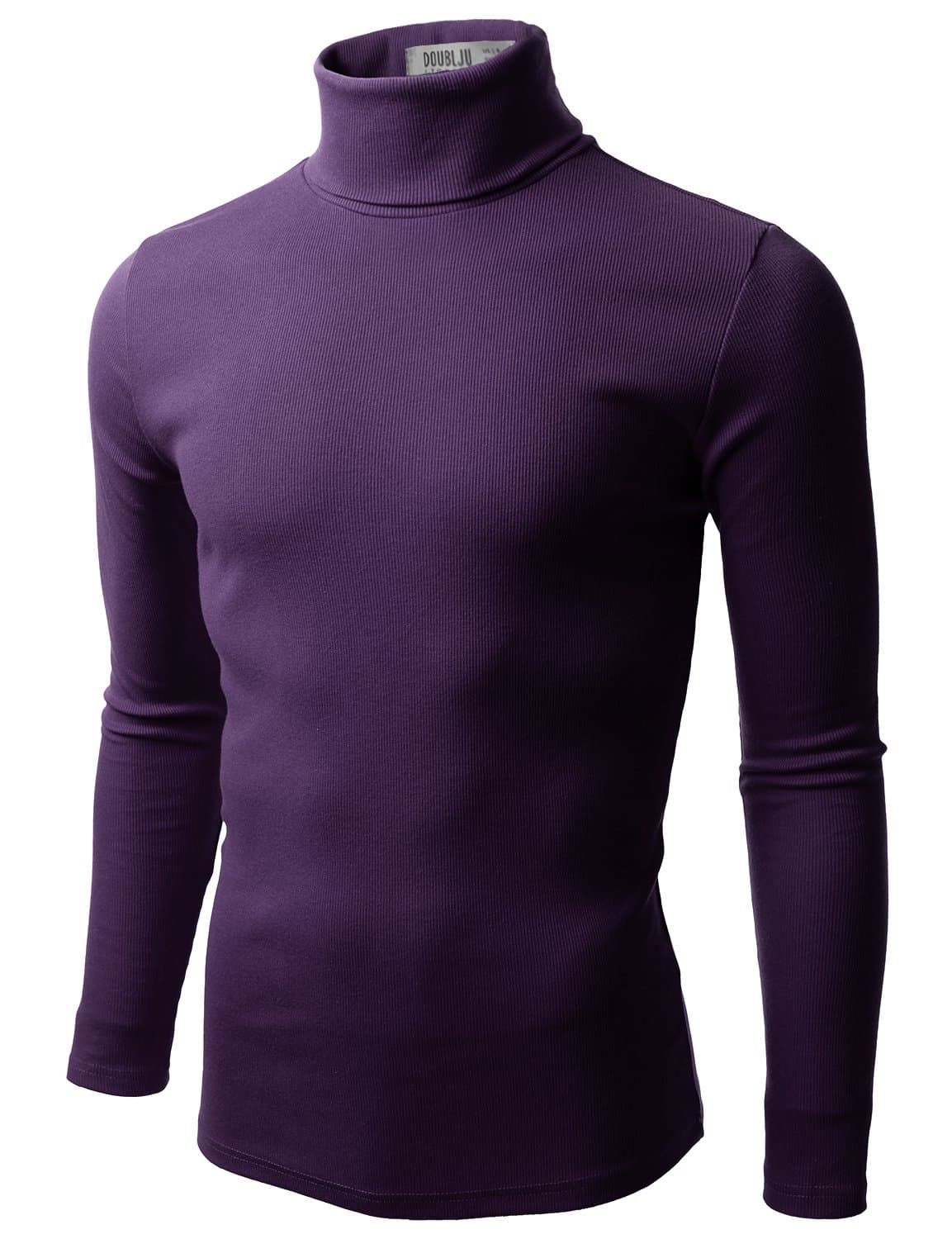 Doublju Mens Basic Long Sleeve Cotton Knit Turtleneck Sweater Purple 2XL