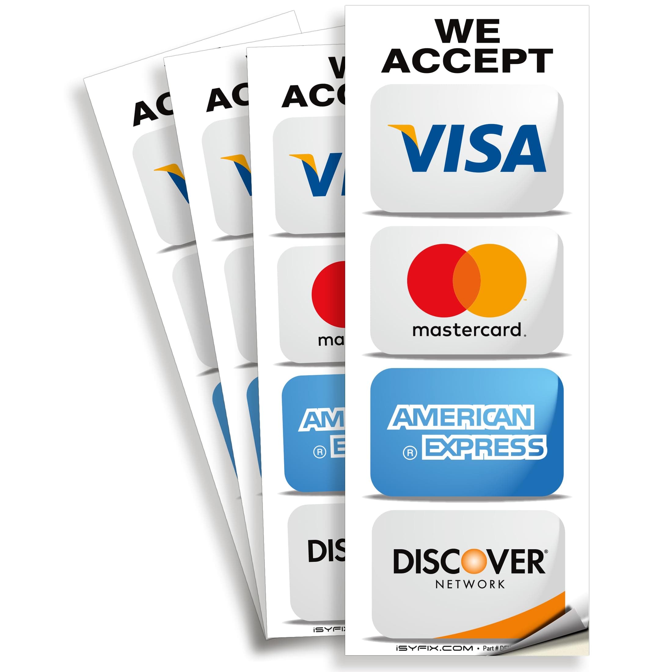 Credit Card Sticker Signs Stickers - 4 Pack 3-x 8- Inch - We Accept Visa, MasterCard, Amex & Discover, Premium Self-Adhesive Vinyl, Laminated, UV, Weather, Scratch, Water and Fade Resistance