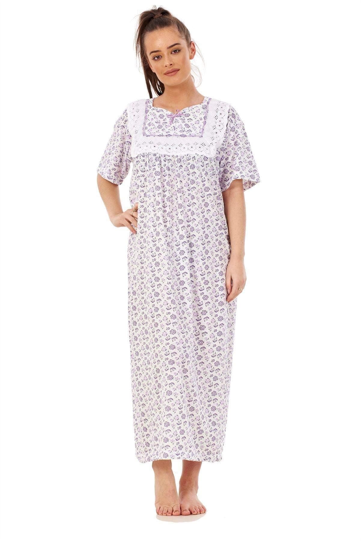 Apparel Women Nightwear Floral Print 100% Cotton Short Sleeve Long Nightdress M to XXXL Lavender