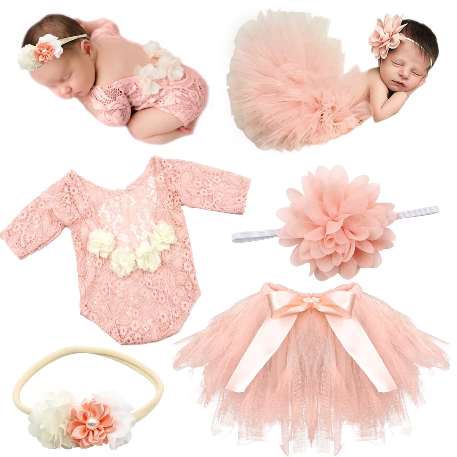 SPOKKI 4 PCS Newborn Photography Props Outfits-BabyTutu Skirt Cute Bow Headdress and Lace Rompers Flower Headband Sets for Infants Girl Boy, Ph227-h, 0-12months