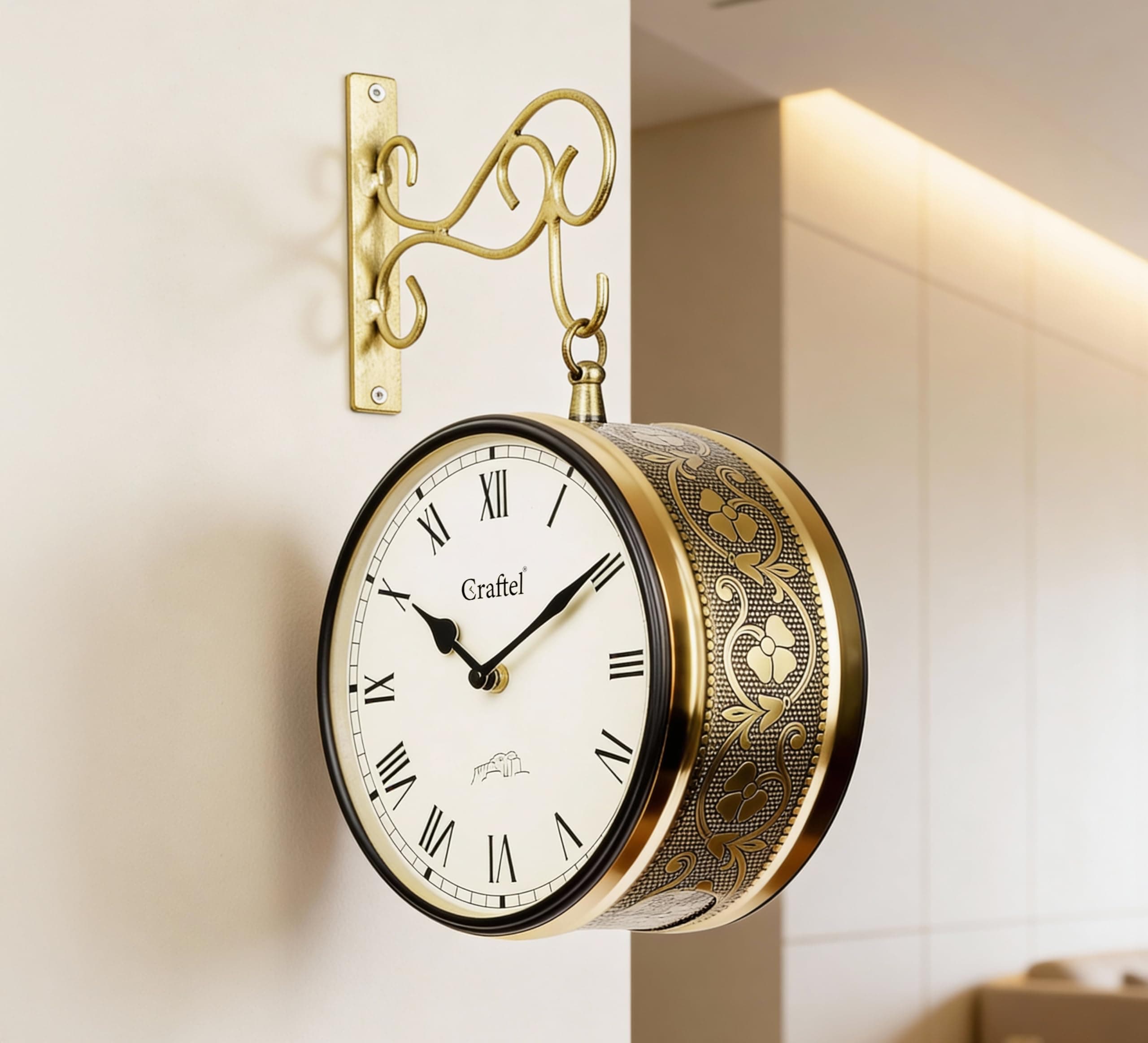 Metal Roman Dial Double Sided Vintage Station Analog Wall Clock For Living Room Home (Shiny Gold_8 Inches)