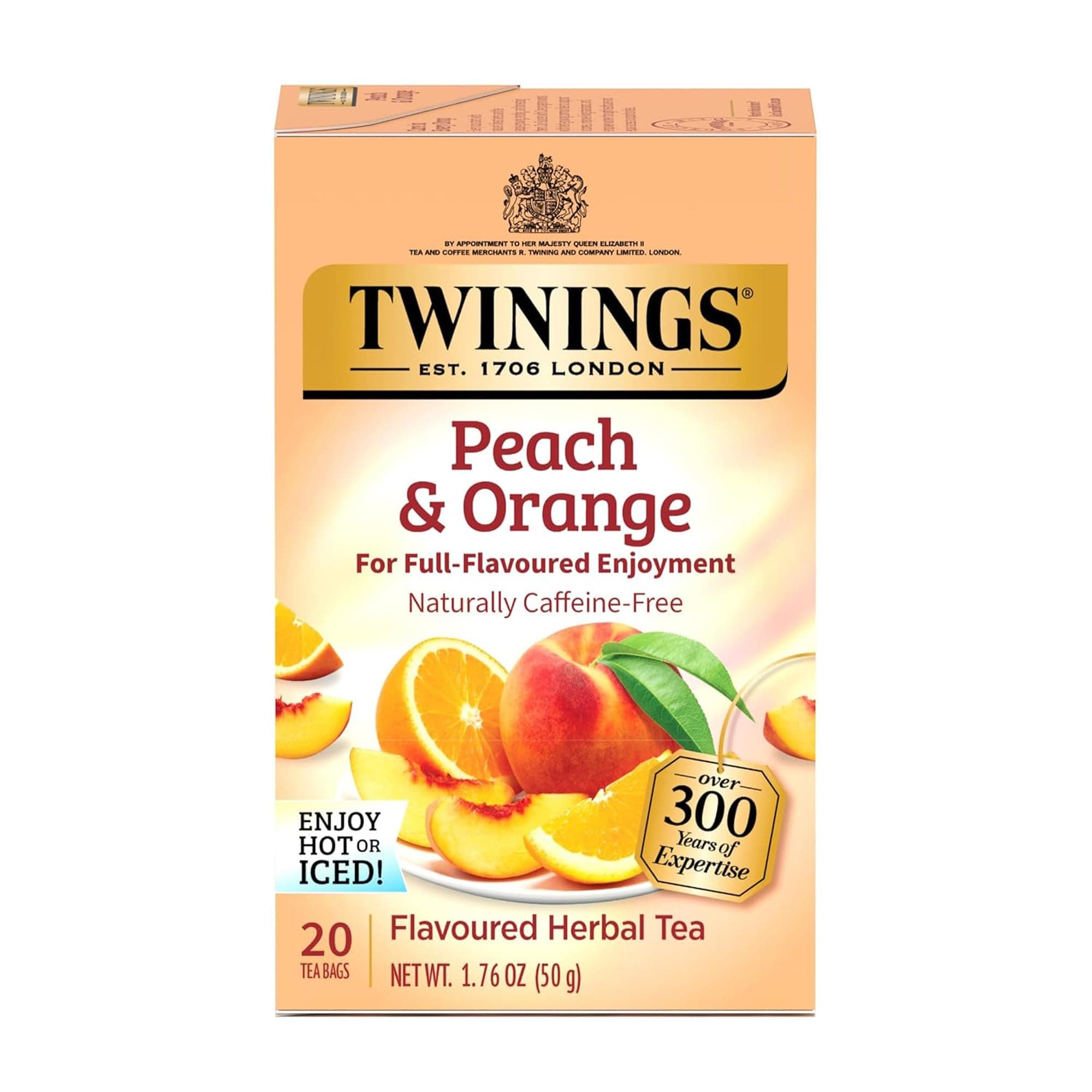 Peach & Orange Herbal Tea Individually Wrapped Bags, 20 Count (Pack of 1), Juicy & Fruity, Naturally Caffeine-Free, Enjoy Hot or Iced