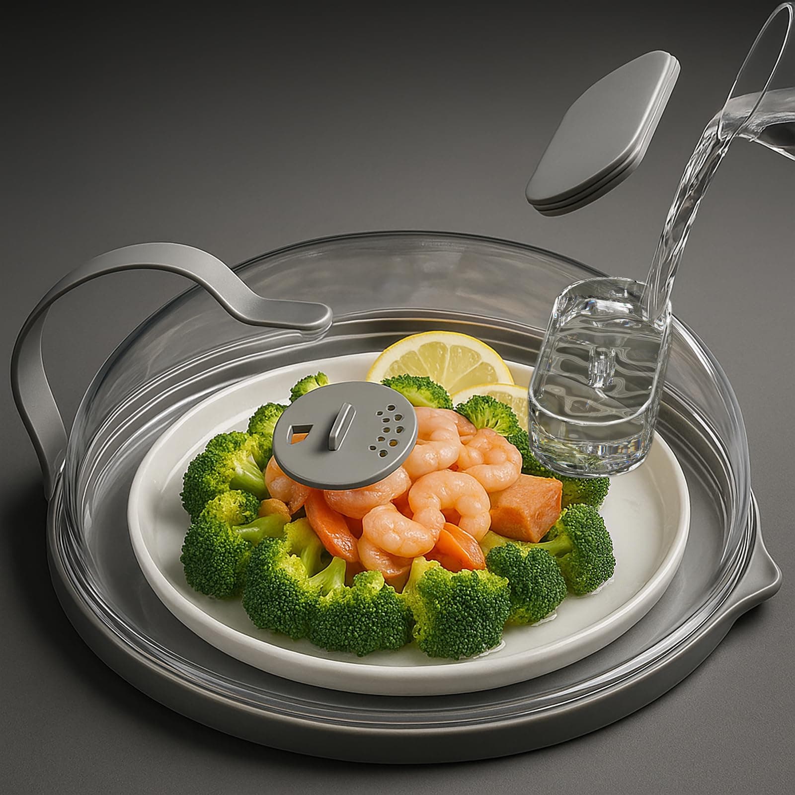 Microwave Splatter Cover with Water Steamer for Food - Steam Microwave Splatter Guard with Handle Plate Covers for Heating Food Splash Oven Lid with Built in Steamer