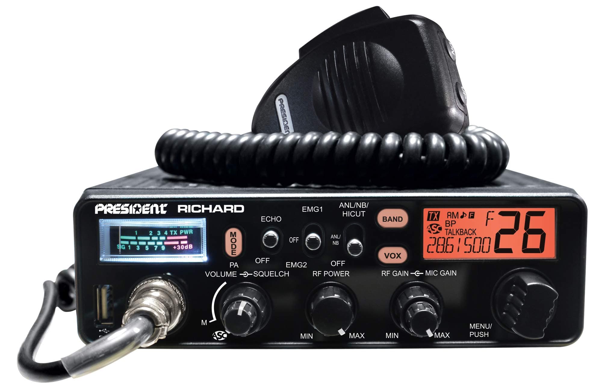 Ham Radio President Richard ASC 10 M, AM-FM, 12V, RF Gain, NB, ANL, Hi-Cut, Echo, USB Port