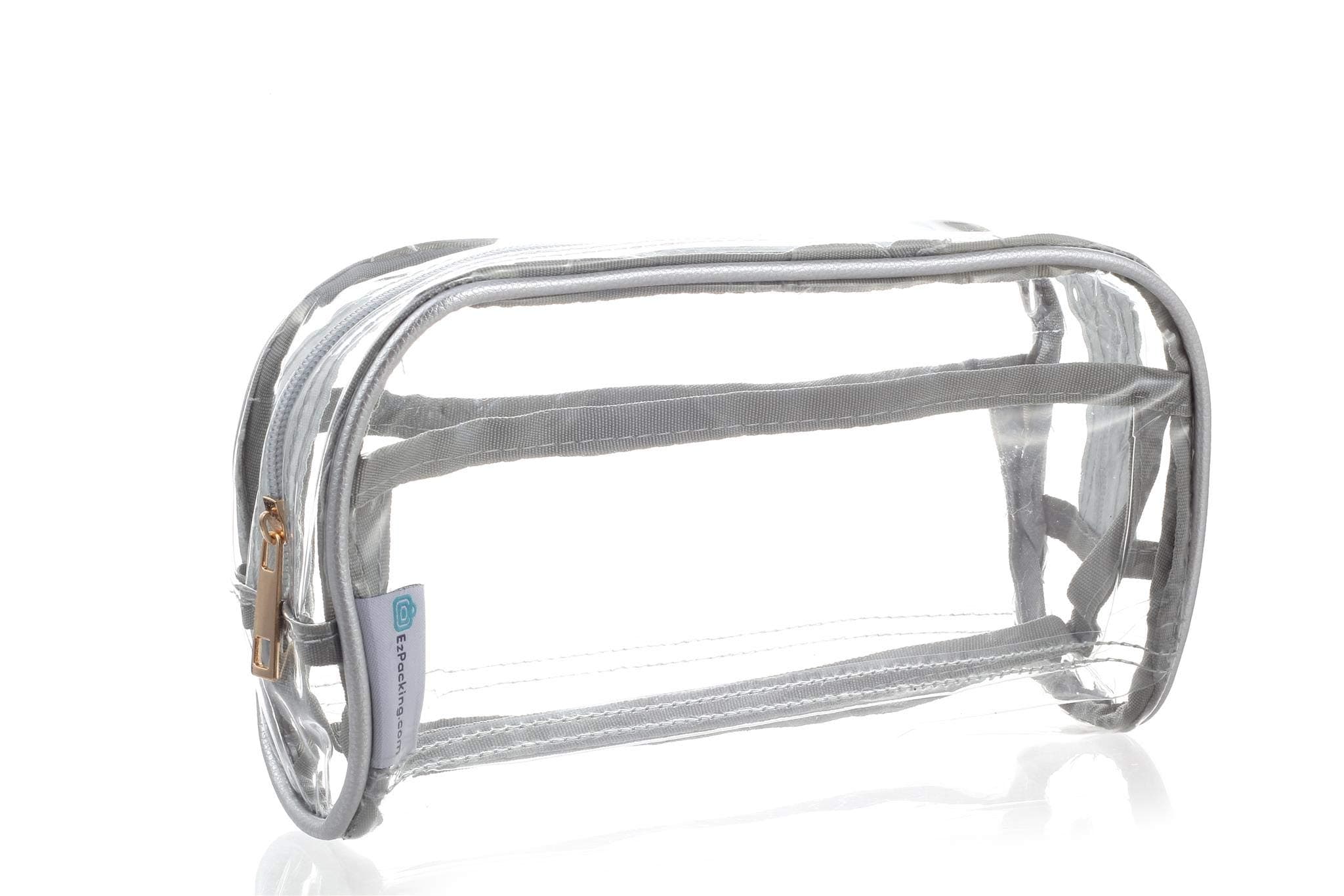 EzPacking Clear Makeup and Brush Bag/Long Cosmetic Organizer Pouch for Travel, Gym or Home/Vegan Leather Piping & 2 Interior Pockets/Small See Through Transparent PVC Plastic