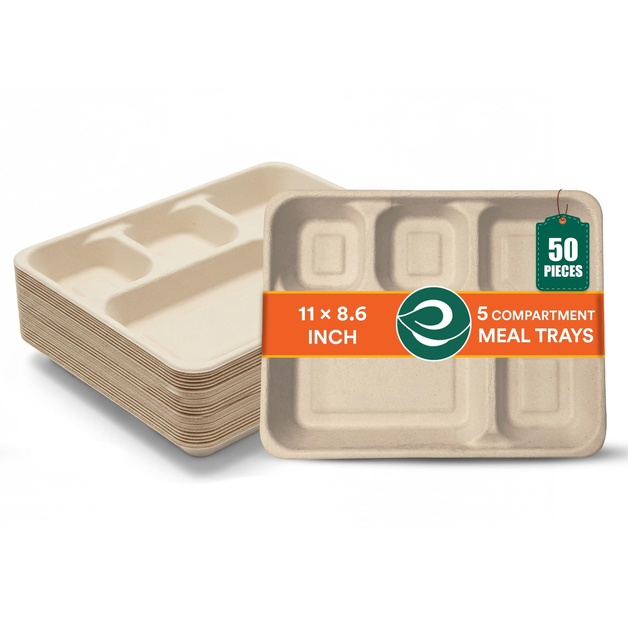 Eco Soul | 5 Compartment Bagasse Meal Tray | 11 Inch - Pack of 50 | Disposable Pooja Plates Big Size | Eco-Friendly, Durable & Leak-Proof | Great for Events, Caterers & Buffet