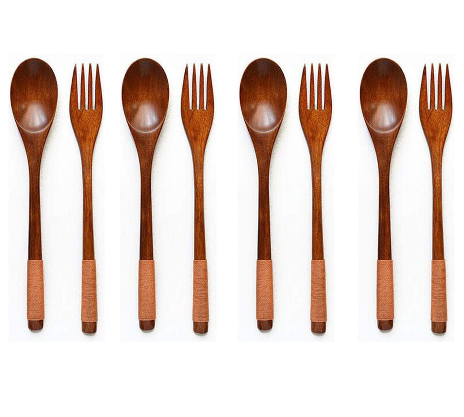 XMHF Wooden 9 inch Japanese Spoon Fork Set Kitchen Tableware Dinnerware Flatware Natural Wood Cutlery Wooden Dinner Utensil Set, 3 Spoons and 3 Forks (Brown Tied Line)
