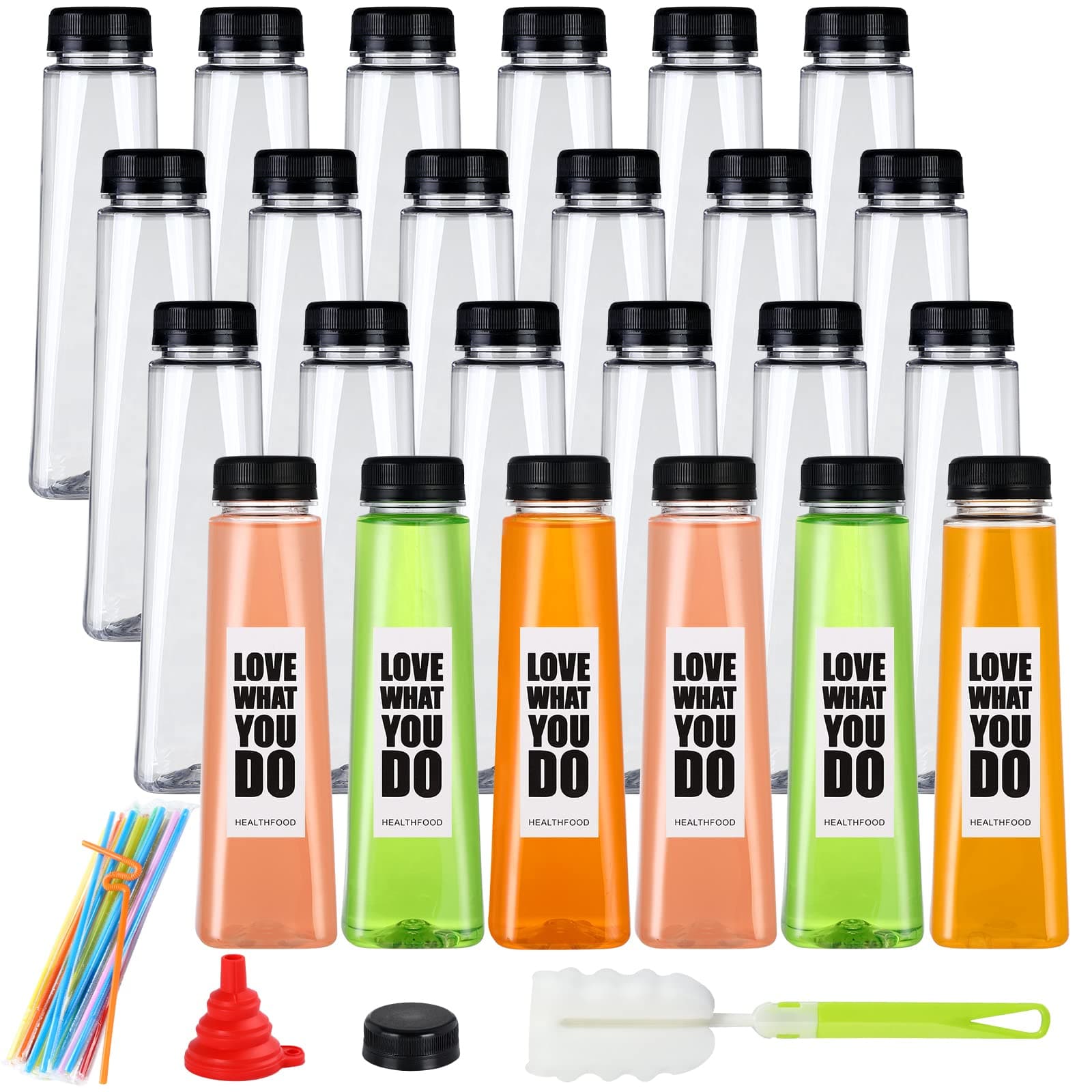 24 Pack 12oz Empty PET Plastic Juice Bottles with Leak-Proof Caps Lids, Reusable Clear Water Bottle Food Grade Bulk Beverage Containers for Juicing Smoothie Milk and Homemade Beverages