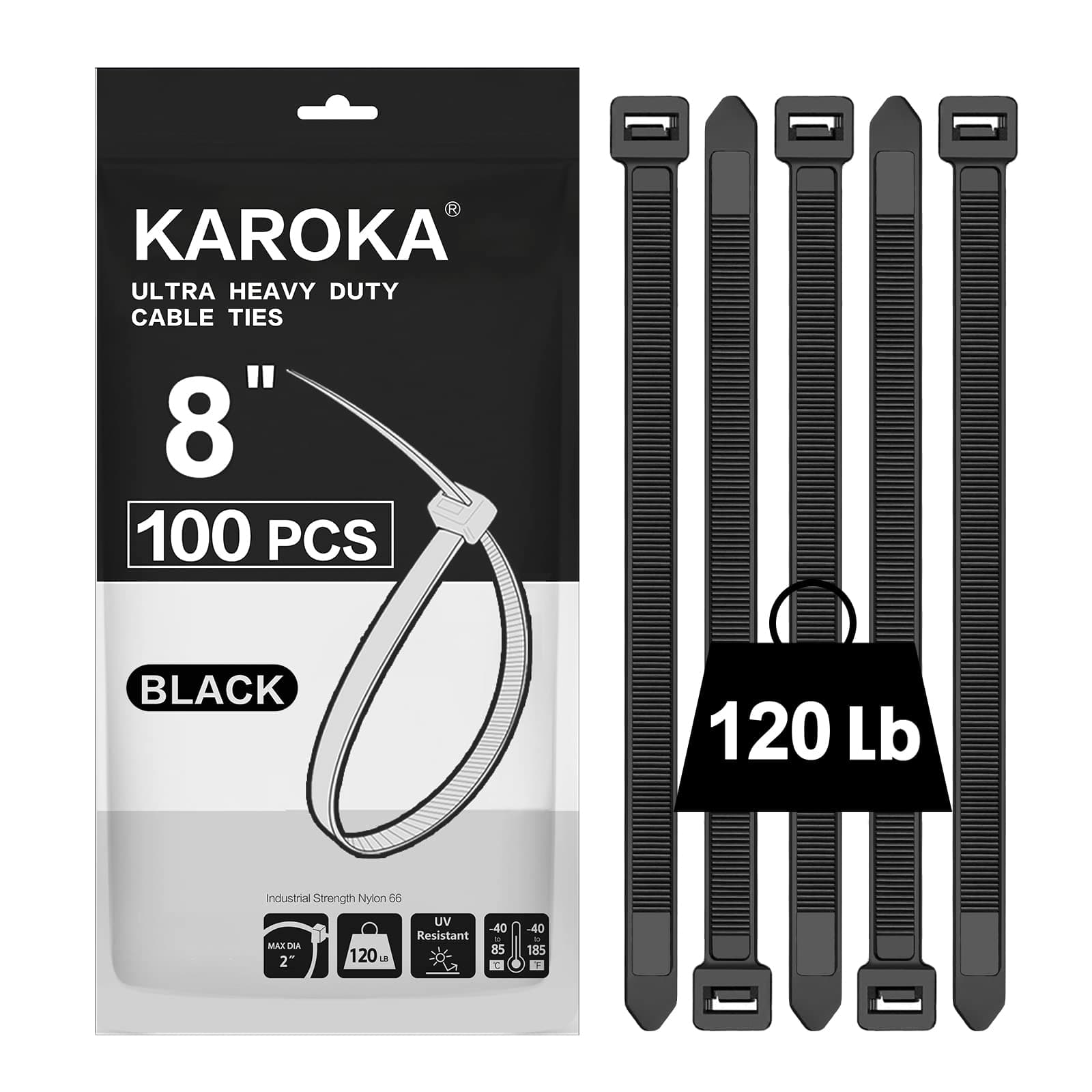 Zip Ties 8 inch Heavy Duty Zip Ties with 120 Pounds Tensile Strength, Black Cable Ties, 100 Pieces,by Karoka