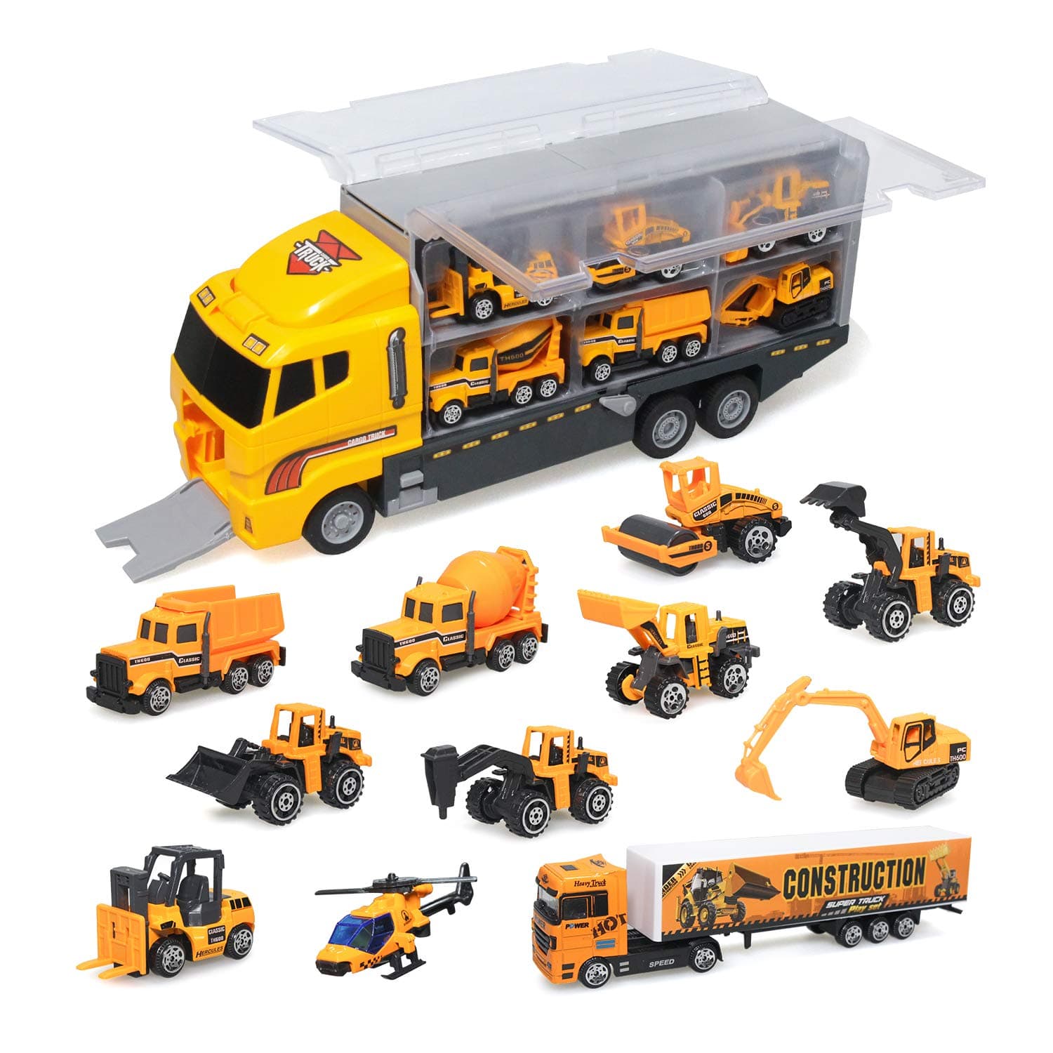 11 in 1 Mini Die-Cast Truck Vehicle Car Toy Set in Carrier Truck, Gifts for 3+ Years Old Kids Boys Girls