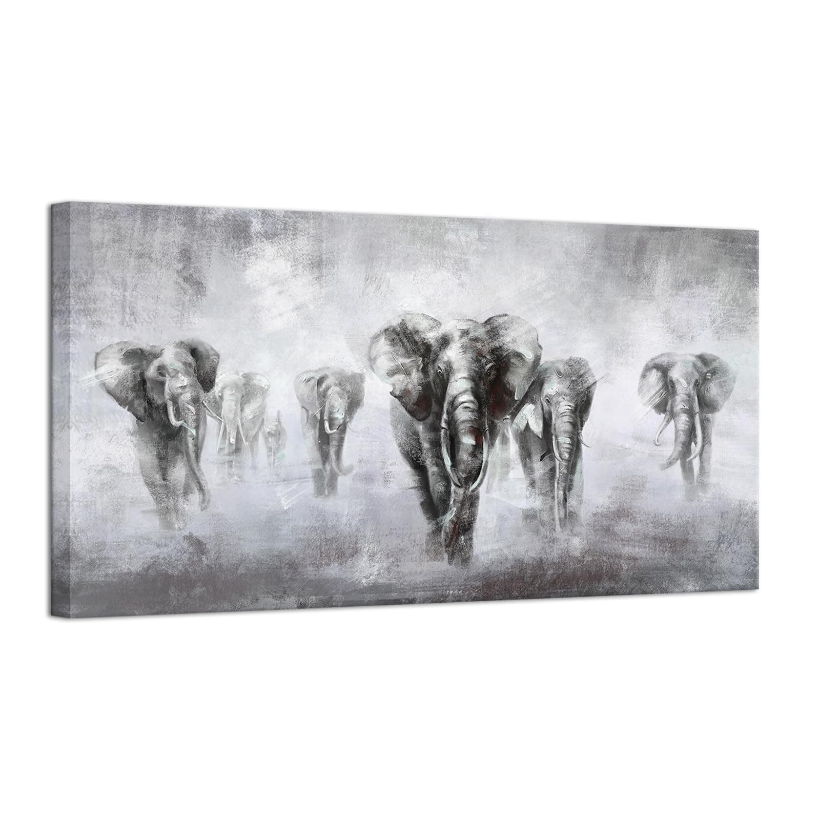 African Art Wall Decor A Herd of Elephant Vastu Migrate in the Winter Season Black and White Abstract Animal Canvas Wall Art for Office Living Room Contemporary Art Ready to hang 24inchx48inch