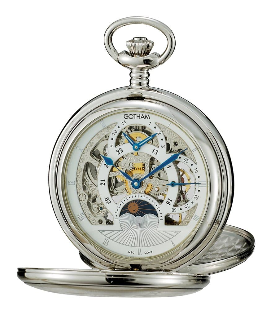 Gotham Men's Silver-Tone Mechanical Double Cover Dual Time Pocket Watch # GWC18803S