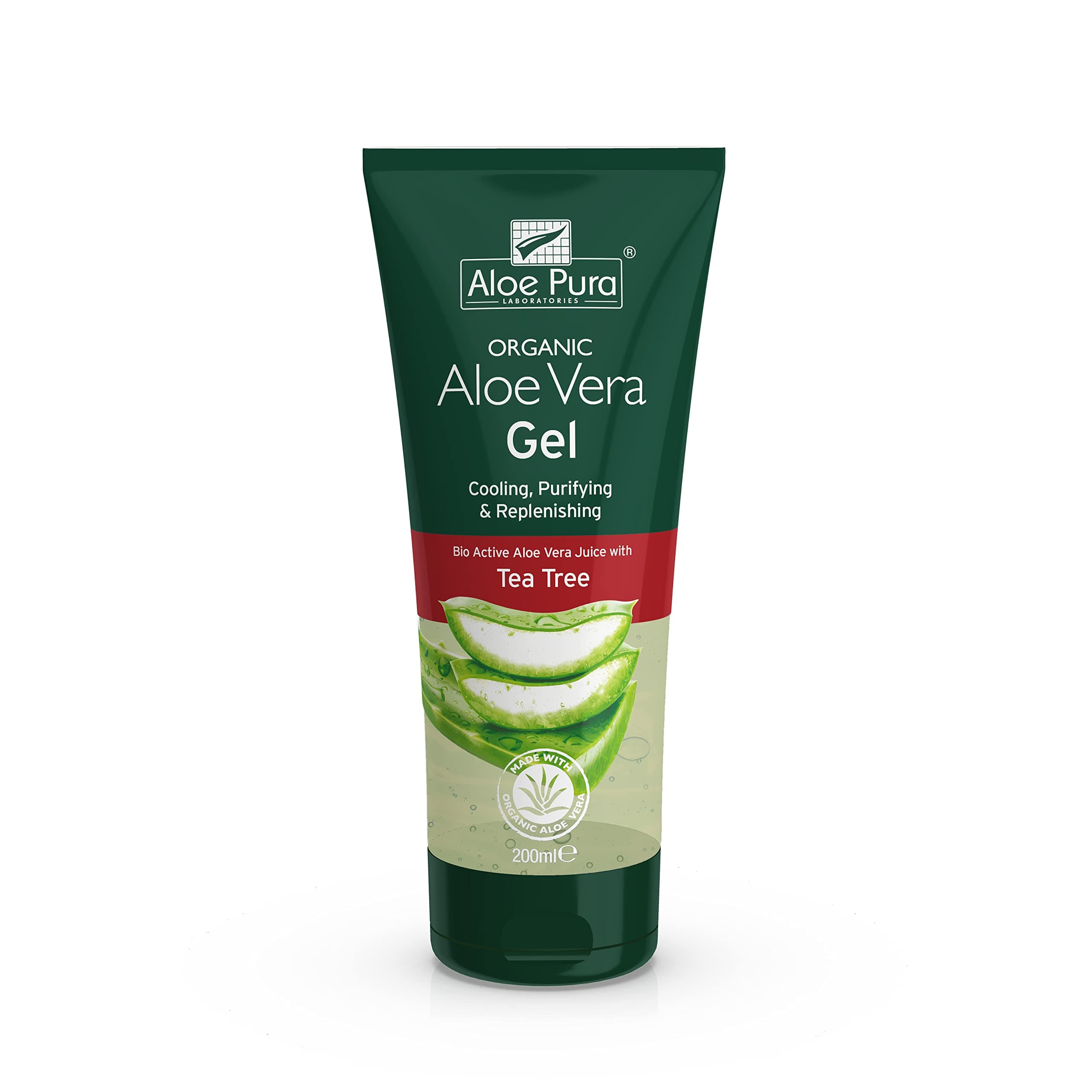 Organic Aloe Vera Gel with Tea Tree, Natural, Vegan, Cruelty Free, Paraben & SLS Free, Cooling, Purifying, 200ml,