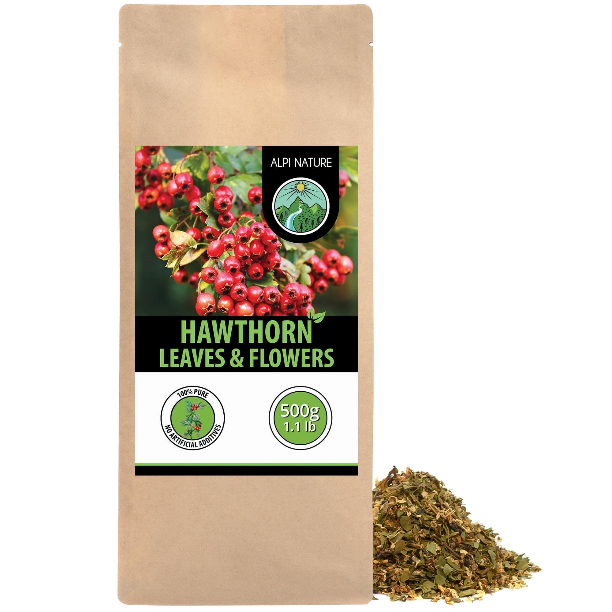 Alpi Nature Hawthorn Tea 500g 1.1 lb, Loose Leaf Tea, Dried and Cut Hawthorn Leaves and Flowers