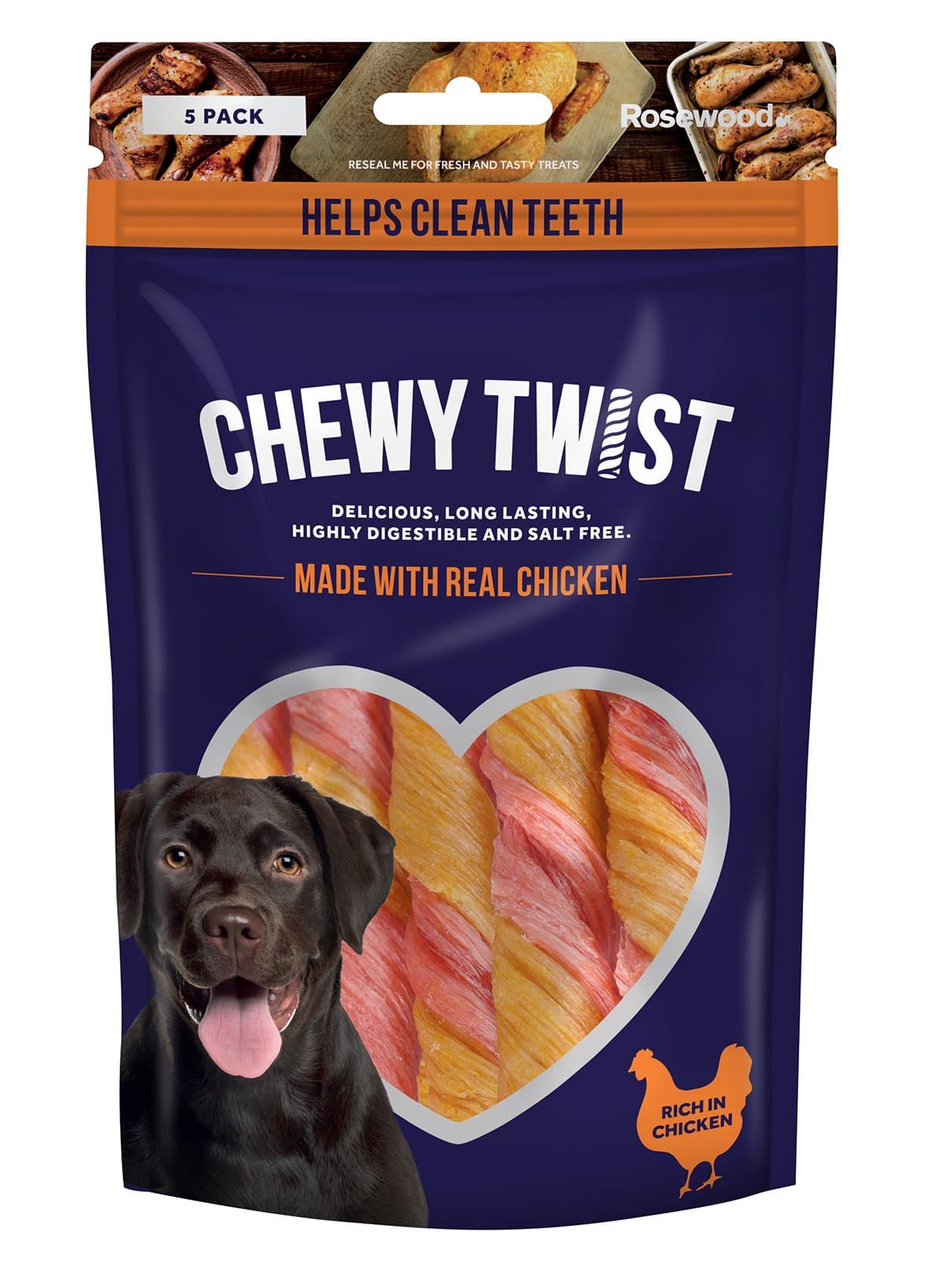 Rosewood Chewy Twist Treats for Dogs - Rich in Chicken, Small Dog Treats, Delicious, Long-Lasting Chews, Helps Clean Teeth, Salt Free, Highly Digestible, 5pc (Case of 10 x 115g)