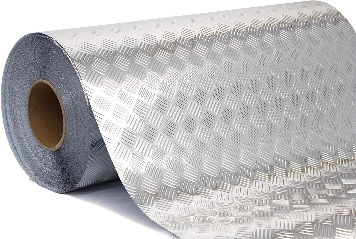 Industrial Utility Diamond Plate Metallic Chrome Finish Vinyl Wrap Silver 17.8 Inches x 6.5 Feet Sheet Adhesive Roll for Shelves Walls Flooring